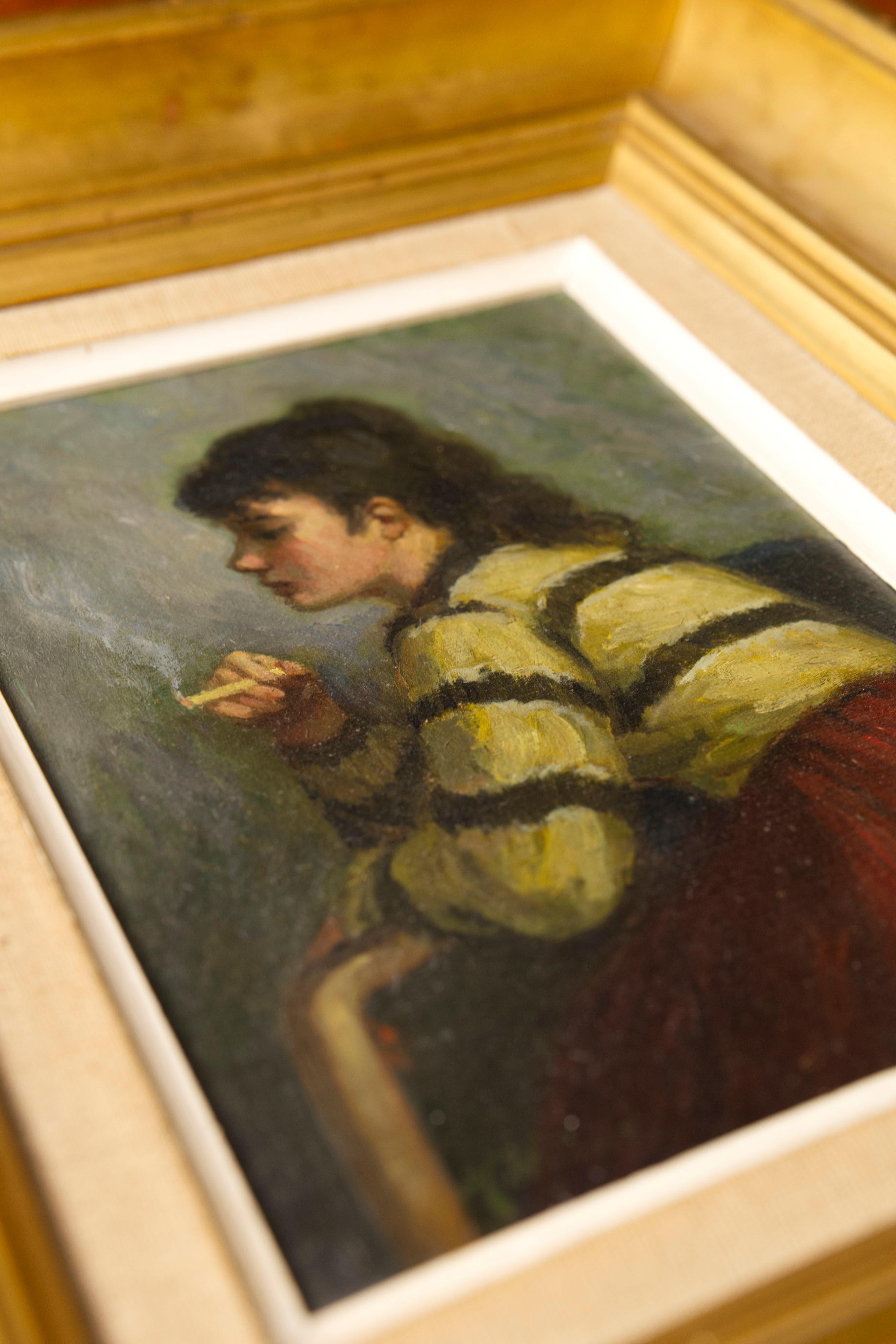 Ein junges Mädchen raucht eine Zigarette von Helge Helme, Öl auf Leinwand, Dänemark im Angebot 3