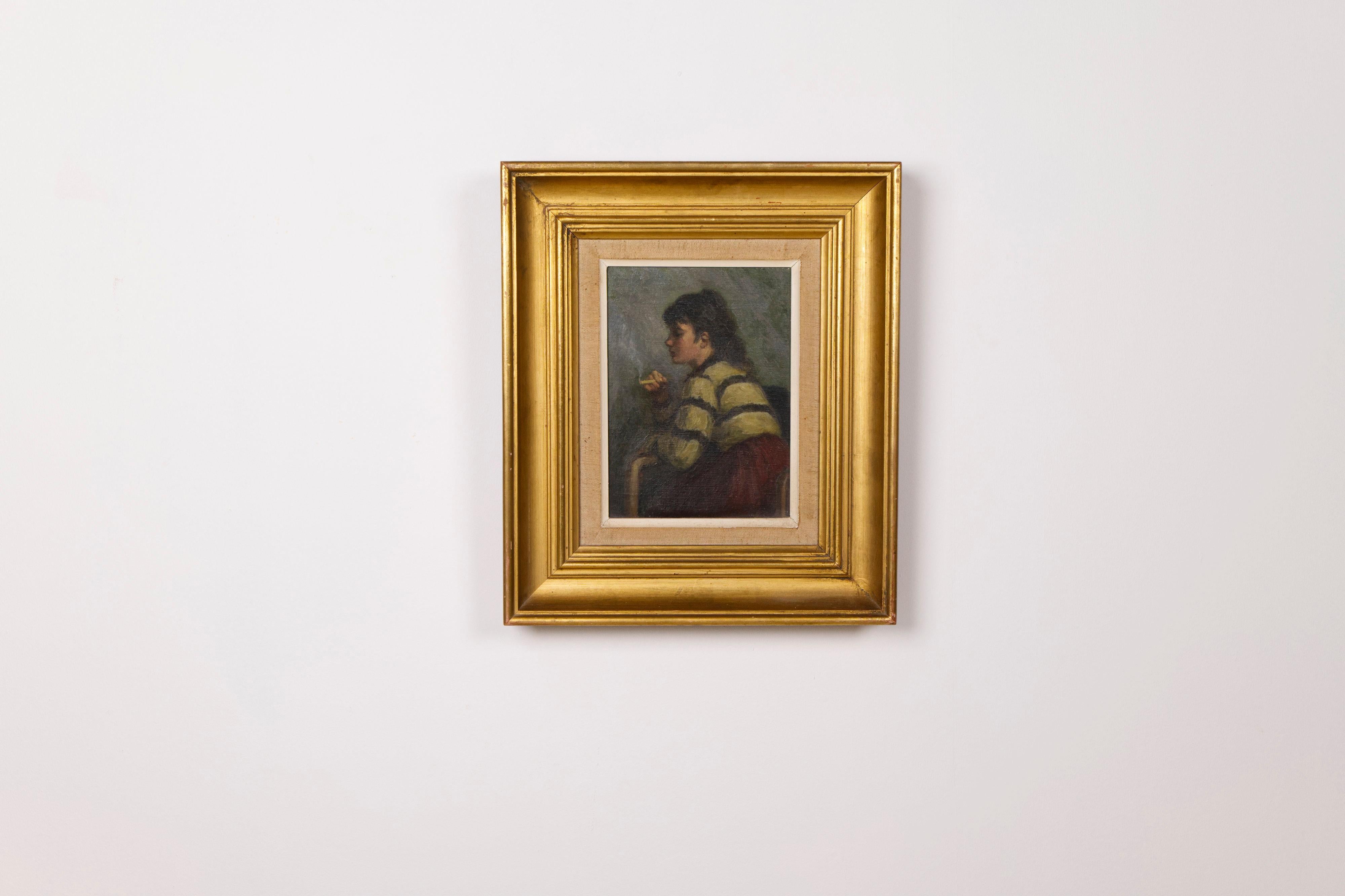 Ein junges Mädchen raucht eine Zigarette von Helge Helme, Öl auf Leinwand, Dänemark (Handbemalt) im Angebot