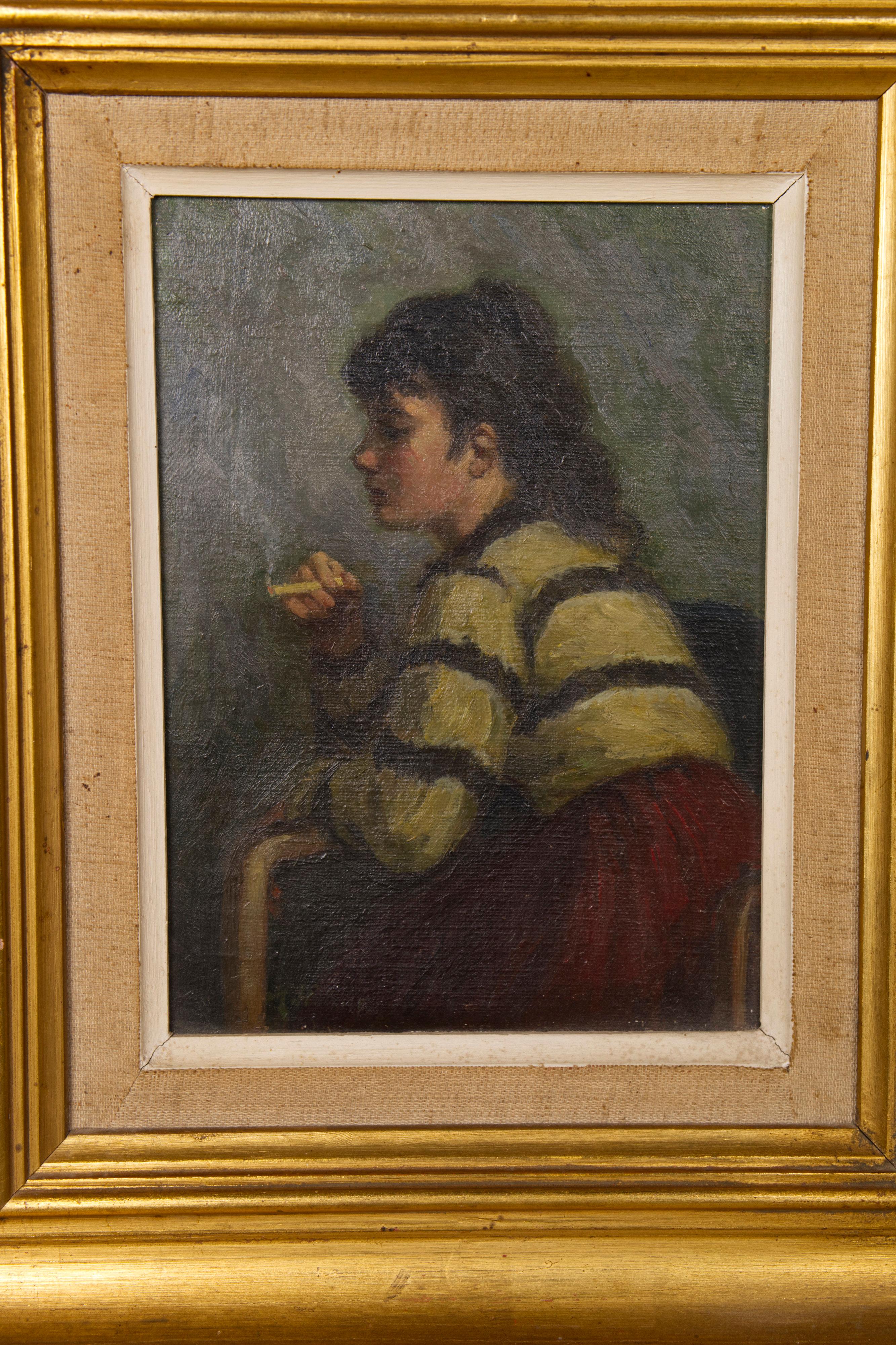 Ein junges Mädchen raucht eine Zigarette von Helge Helme, Öl auf Leinwand, Dänemark im Zustand „Gut“ im Angebot in Balen, BE