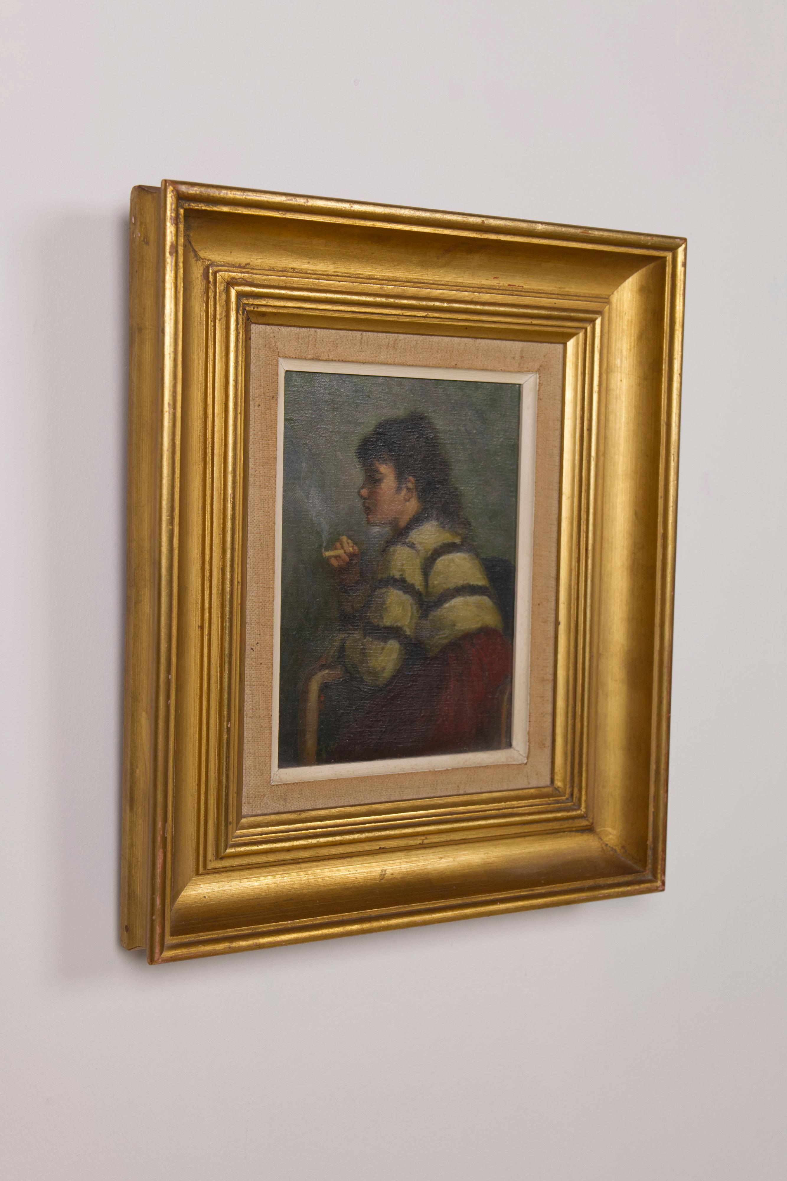 Ein junges Mädchen raucht eine Zigarette von Helge Helme, Öl auf Leinwand, Dänemark (20. Jahrhundert) im Angebot