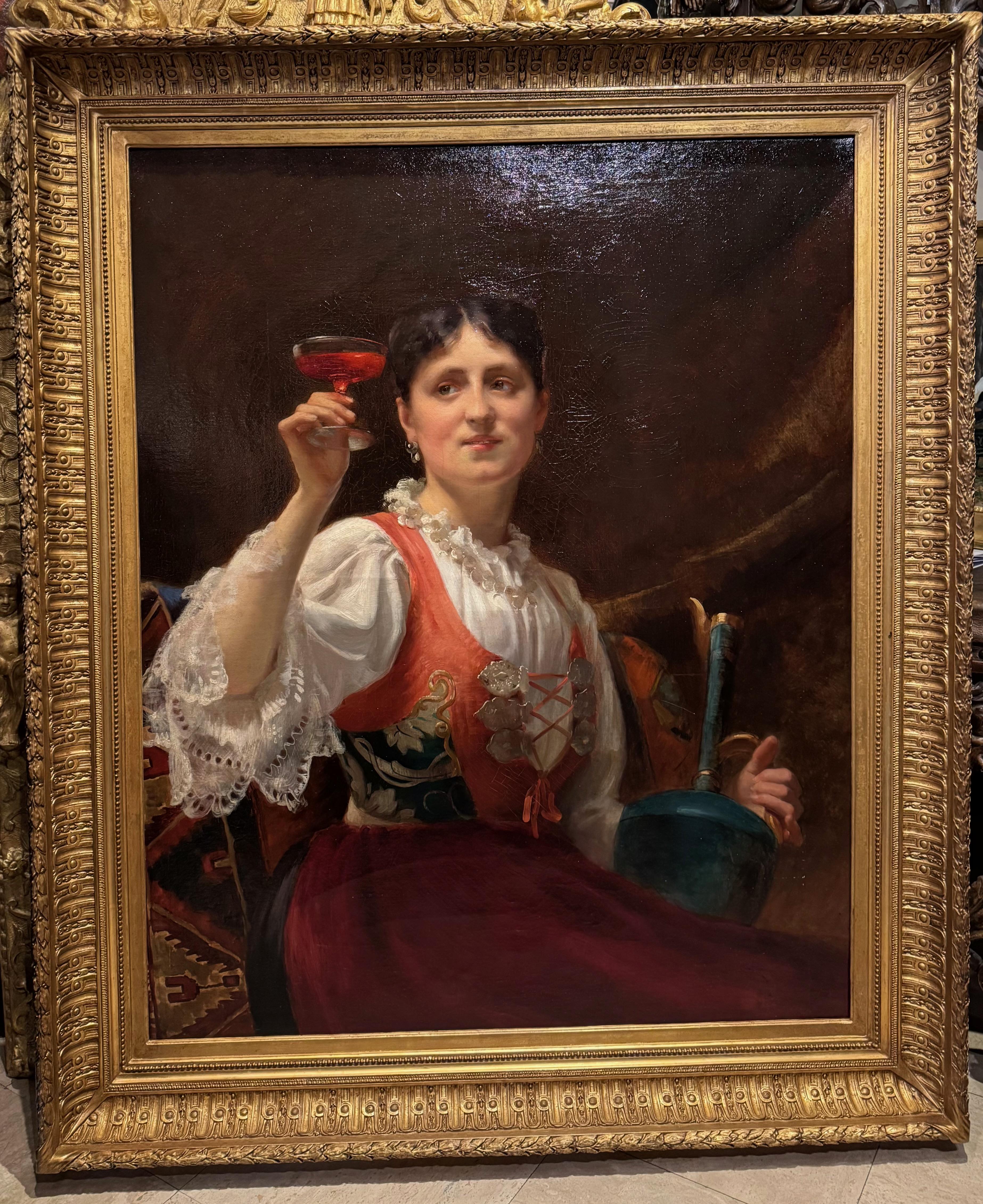 A young woman holding a glass of wine, A .DELECLUSE Paris 1885 In Good Condition For Sale In PARIS, FR