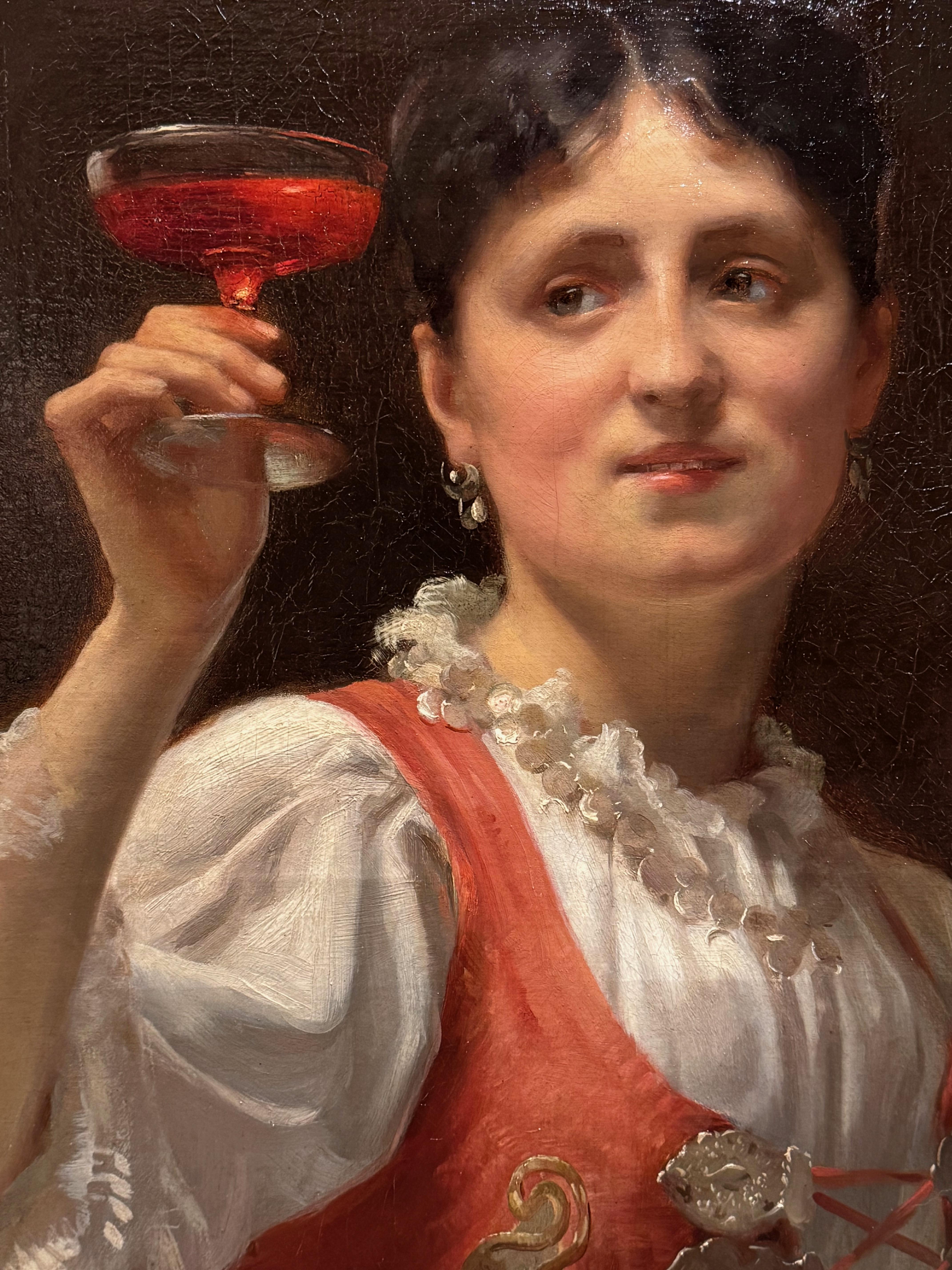 A young woman holding a glass of wine, A .DELECLUSE Paris 1885 For Sale 2