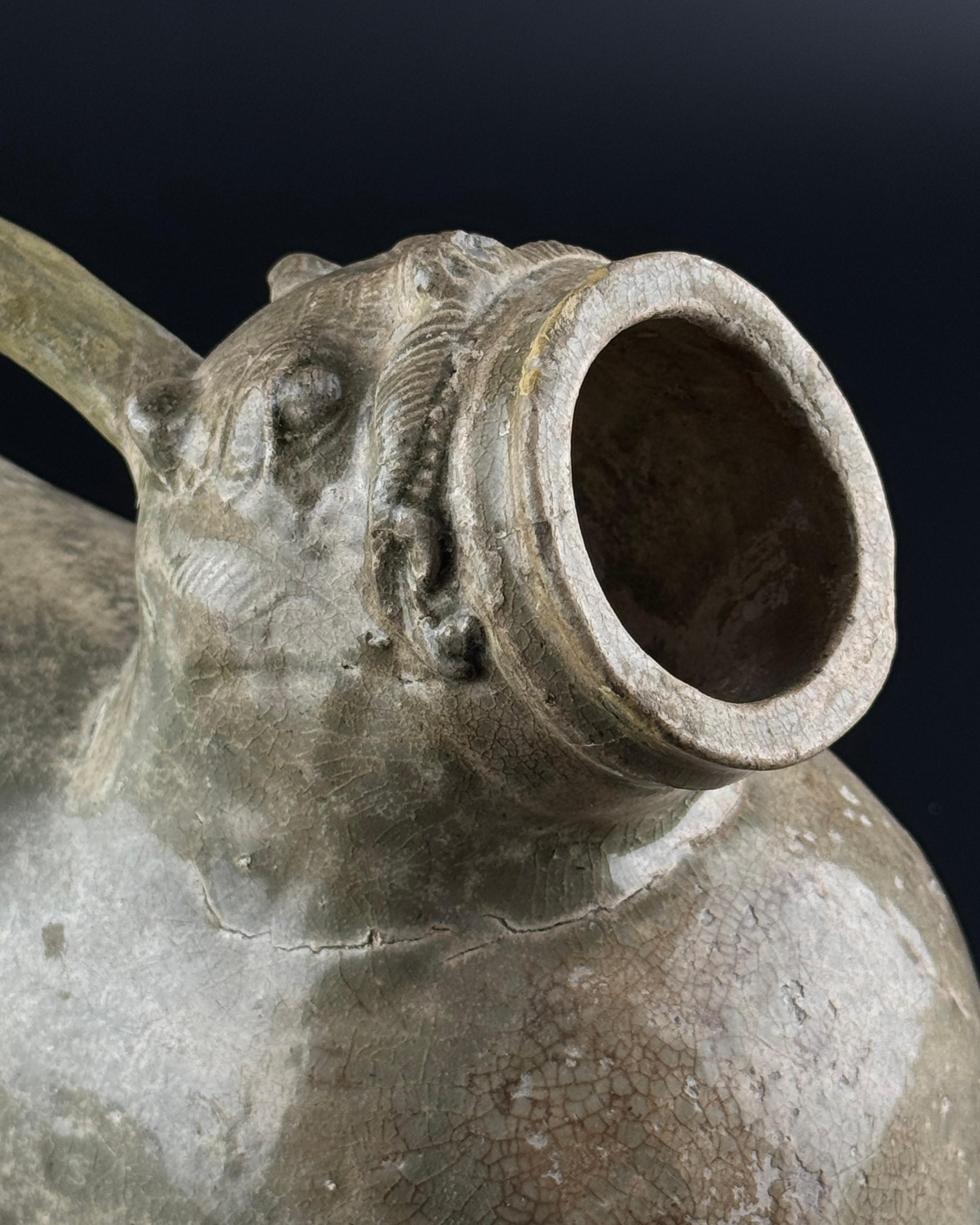 A Rare Yue Celadon-Glazed Figural Vessel, Western Jin dynasty (265-420) For Sale 9