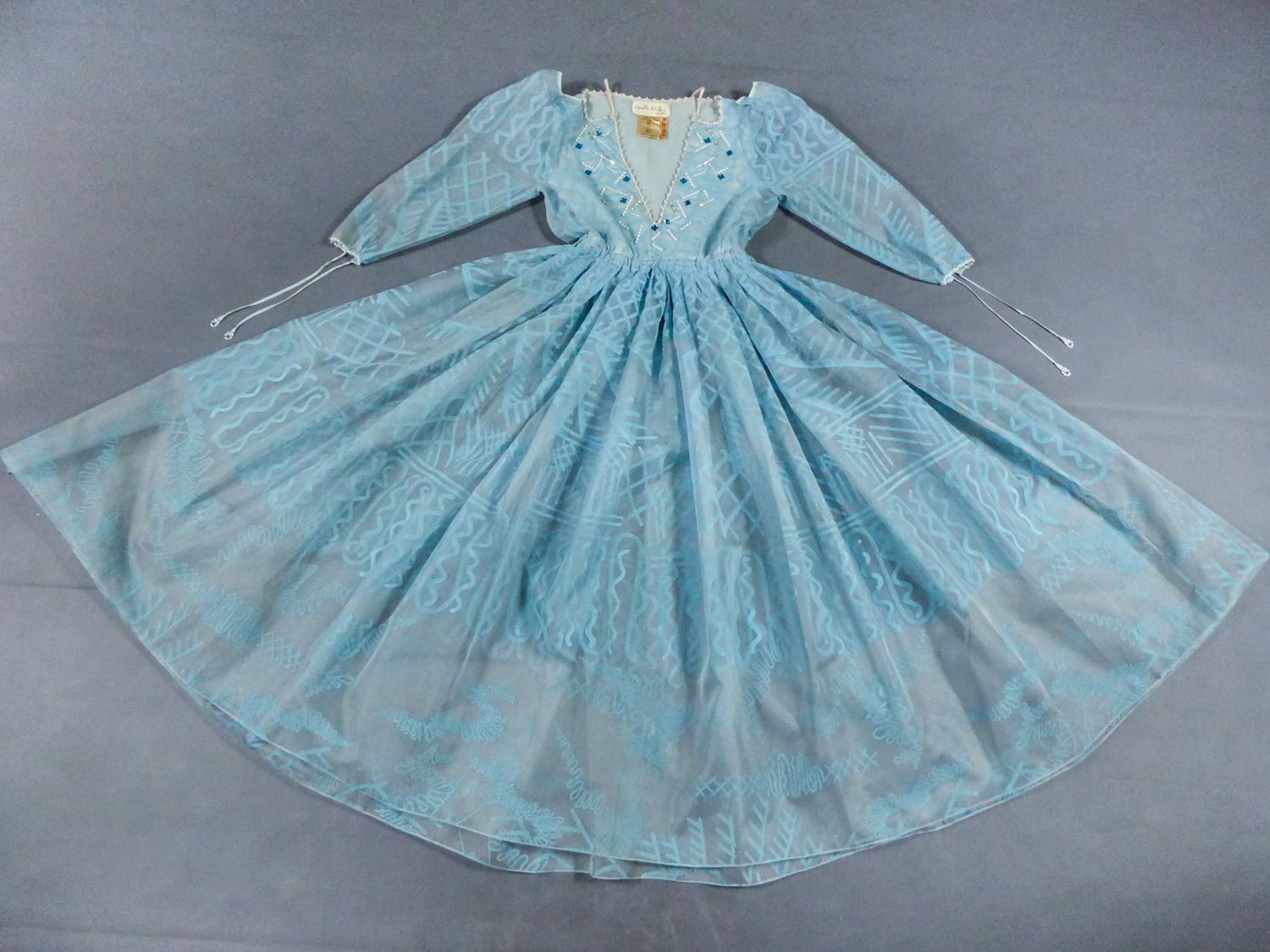 Bleu Robe de soirée en organza imprimé de Zandra Rhodes - Influence de Fortuny - Circa 1980 en vente