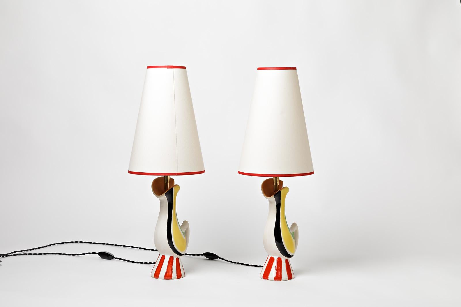 Beaux Arts Zoomorphic Pair of Ceramic Lamp, by Poet- Laval, circa 1960 For Sale