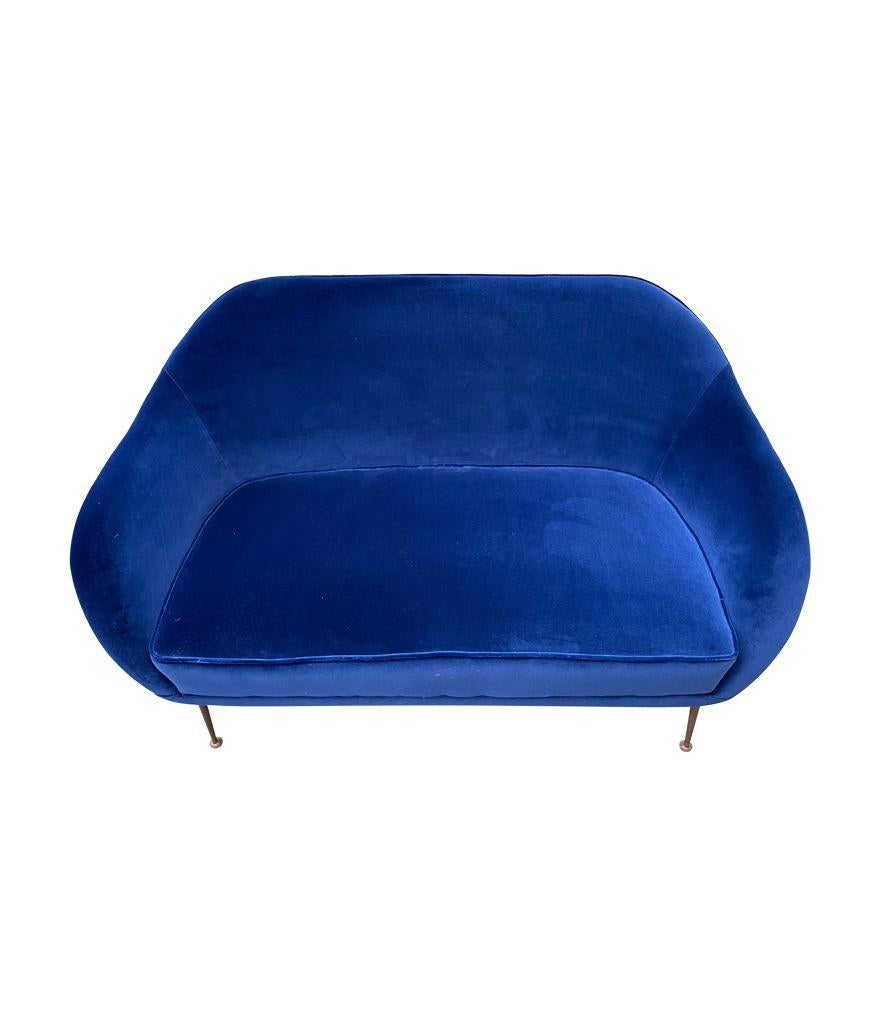 Mid-Century Modern A1950s Italian Two Seater Sofa with Brass Legs Newly Upholstered in Blue Velvet For Sale