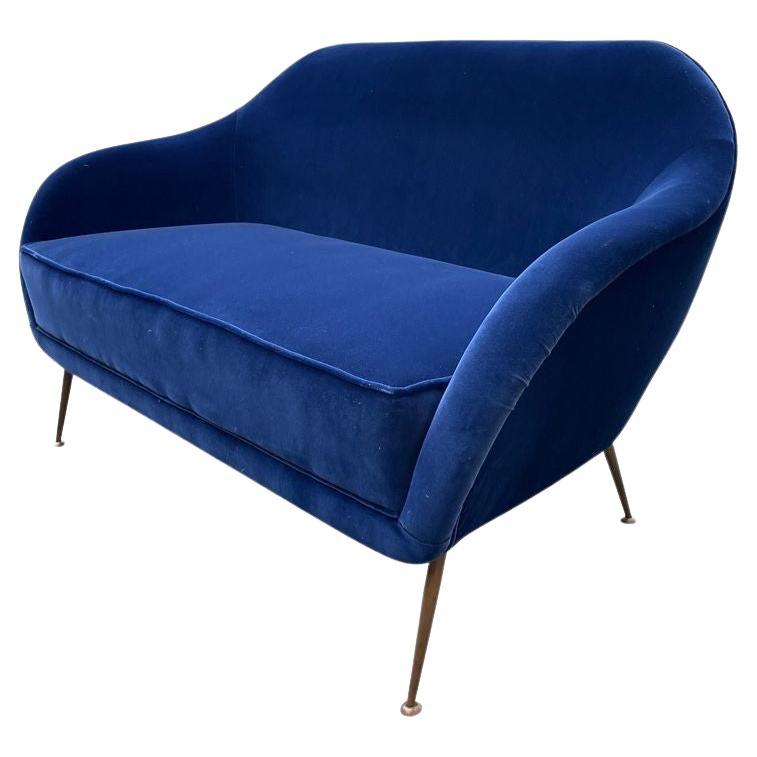 A1950s Italian Two Seater Sofa with Brass Legs Newly Upholstered in Blue Velvet For Sale