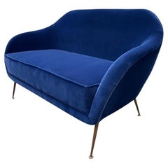 Vintage A1950s Italian Two Seater Sofa with Brass Legs Newly Upholstered in Blue Velvet