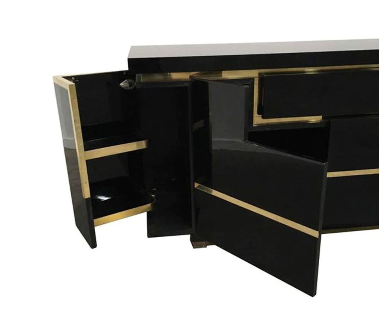 A1970s black piano lacquer and brass sideboard by Jean Claude Mahey For Sale 3