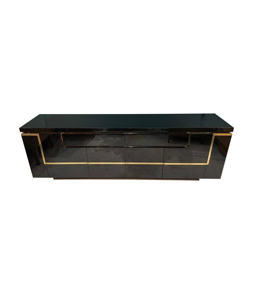 A1970s black piano lacquer and brass sideboard by Jean Claude Mahey For Sale 4