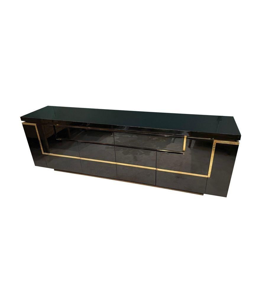 A1970s black piano lacquer and brass sideboard by Jean Claude Mahey For Sale 6