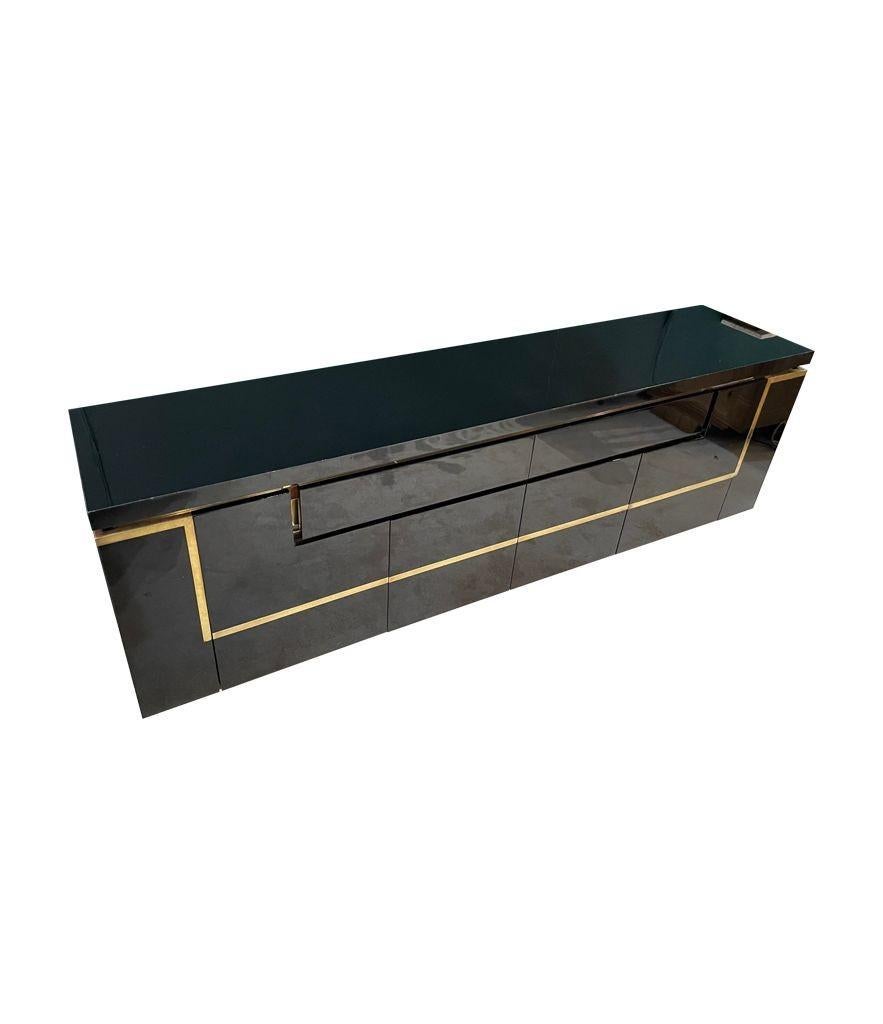 A1970s black piano lacquer and brass sideboard by Jean Claude Mahey For Sale 9
