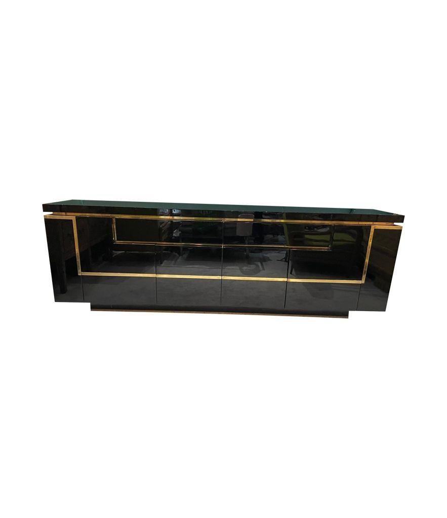 A1970s black piano lacquer and brass sideboard by Jean Claude Mahey For Sale 10