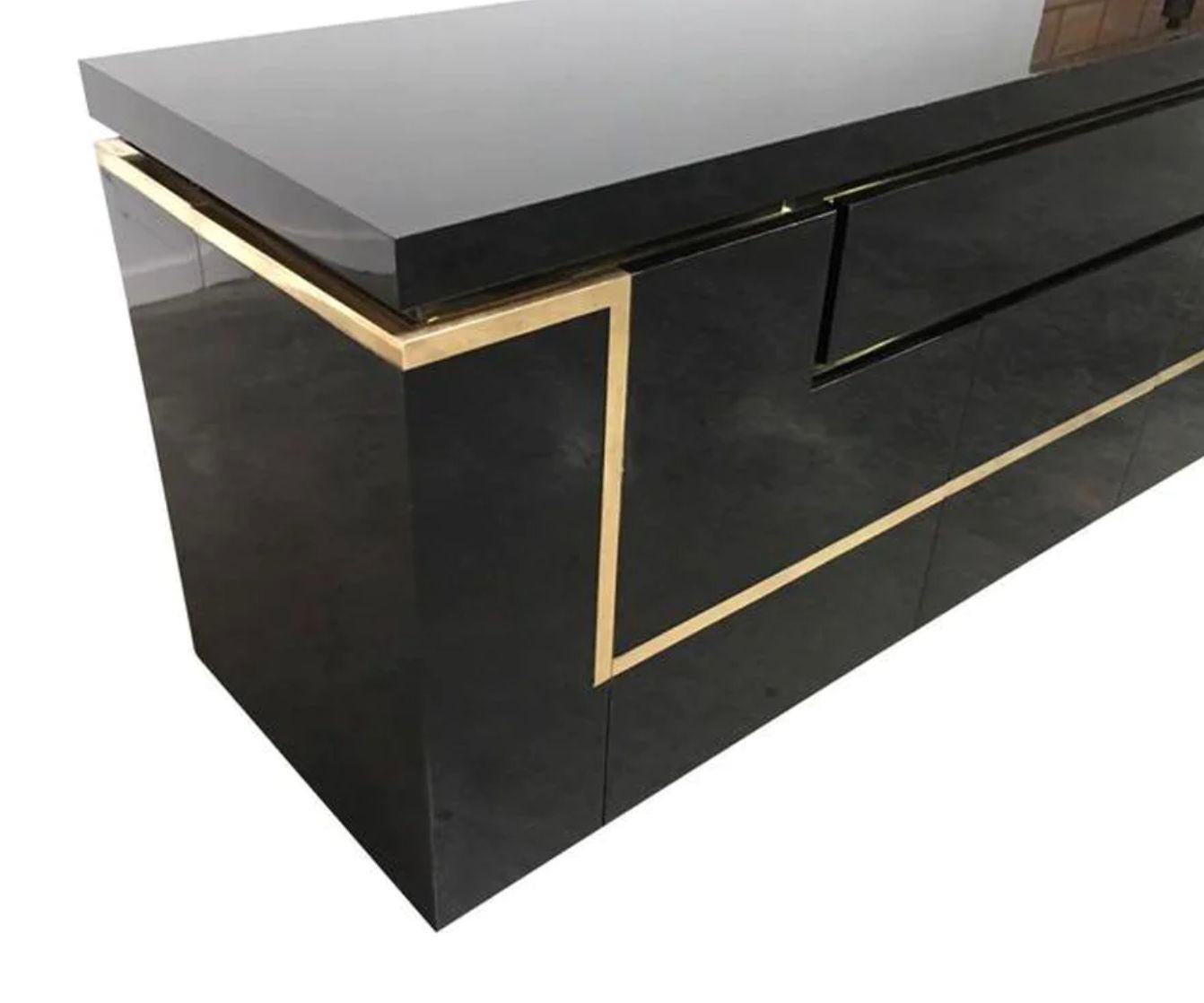A1970s black piano lacquer and brass sideboard by Jean Claude Mahey For Sale 13