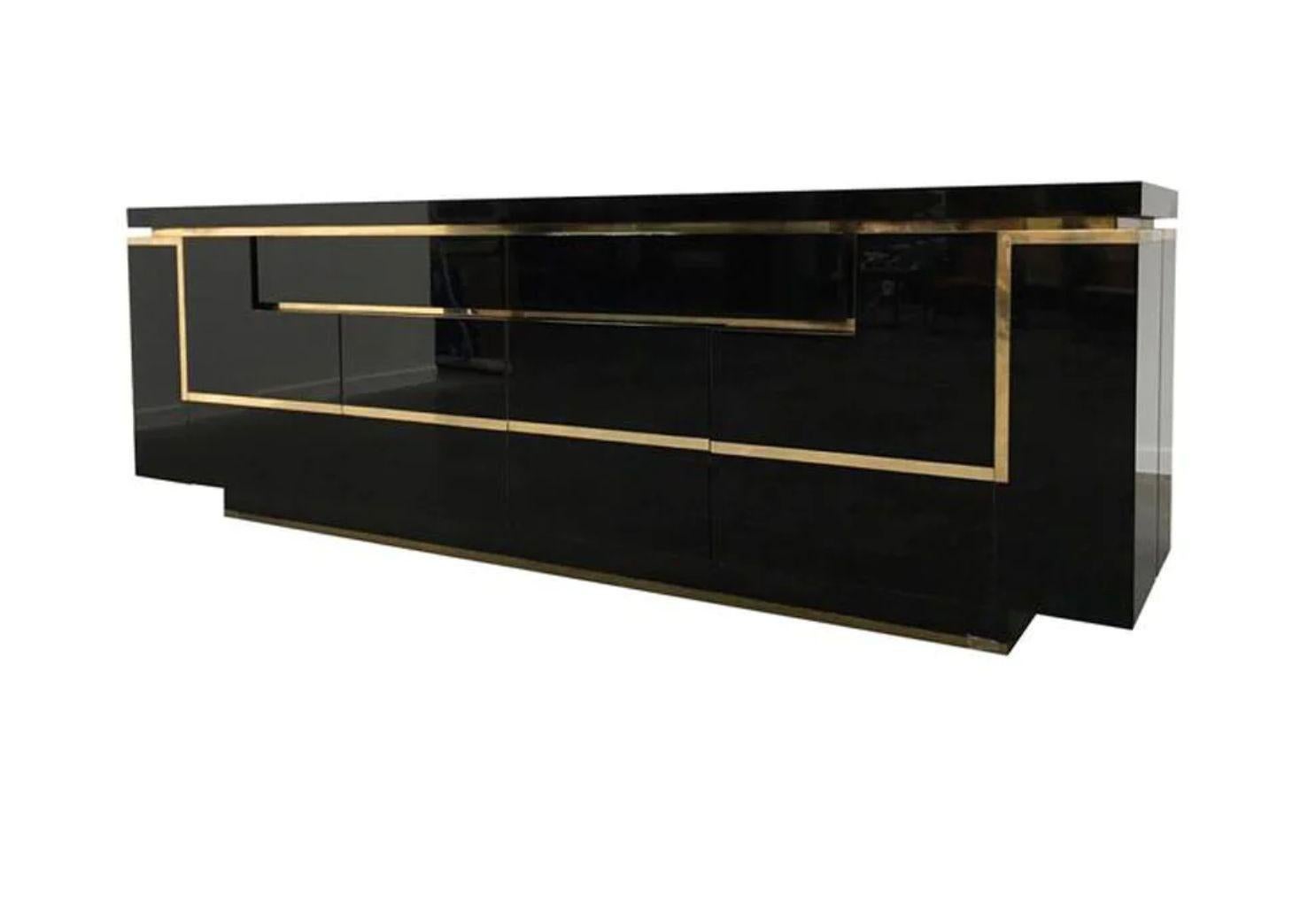 Art Deco A1970s black piano lacquer and brass sideboard by Jean Claude Mahey For Sale