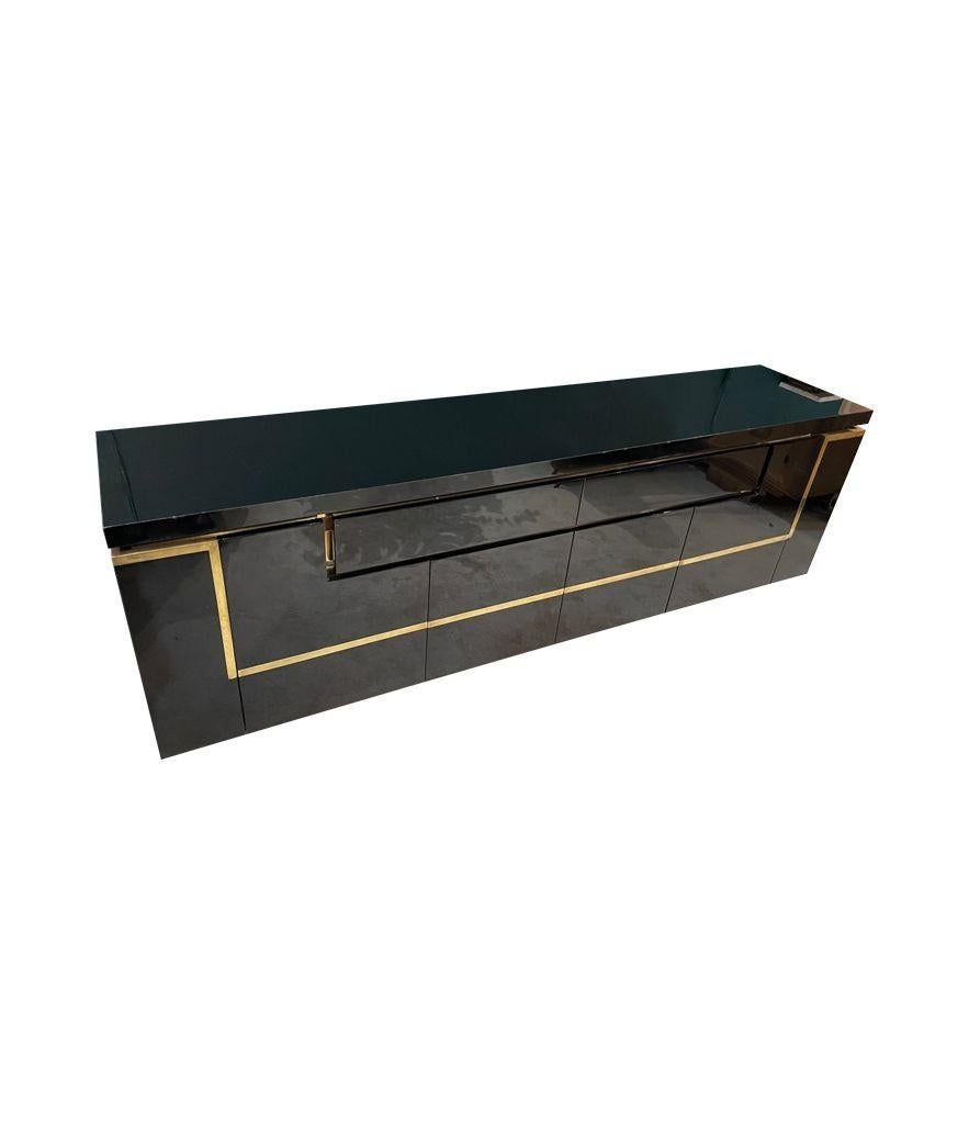 A1970s black piano lacquer and brass sideboard by Jean Claude Mahey For Sale 2