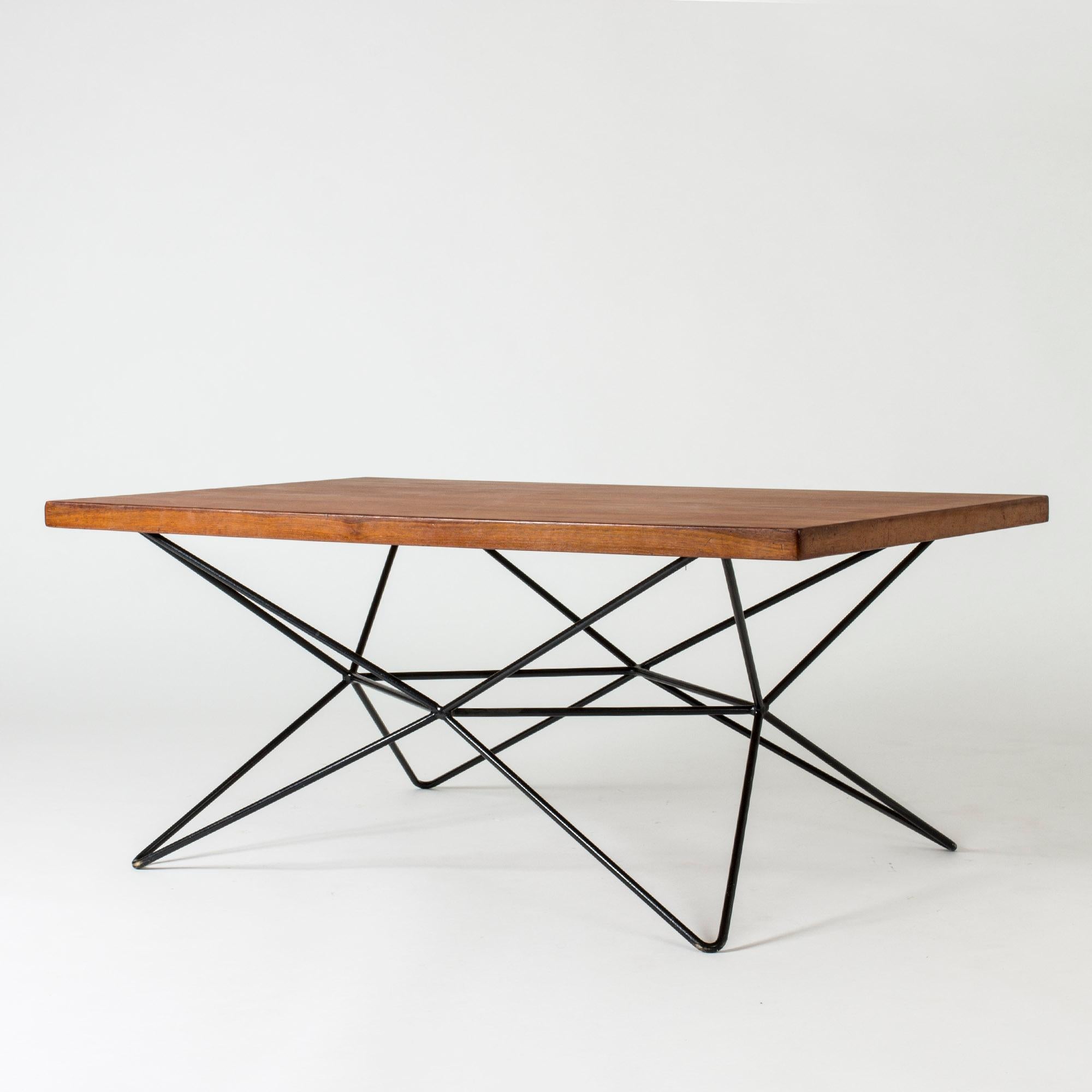 Ingenious, striking table by the architect Bengt Johan Gullberg that can be set into three positions: coffee table, dining table, and bar table. The lacquered metal base is turned on different ends to adjust to the three heights and the teak