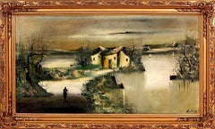 Houses And River-Large Impressionist Landscape Oil on Canvas Signed A.Huntington