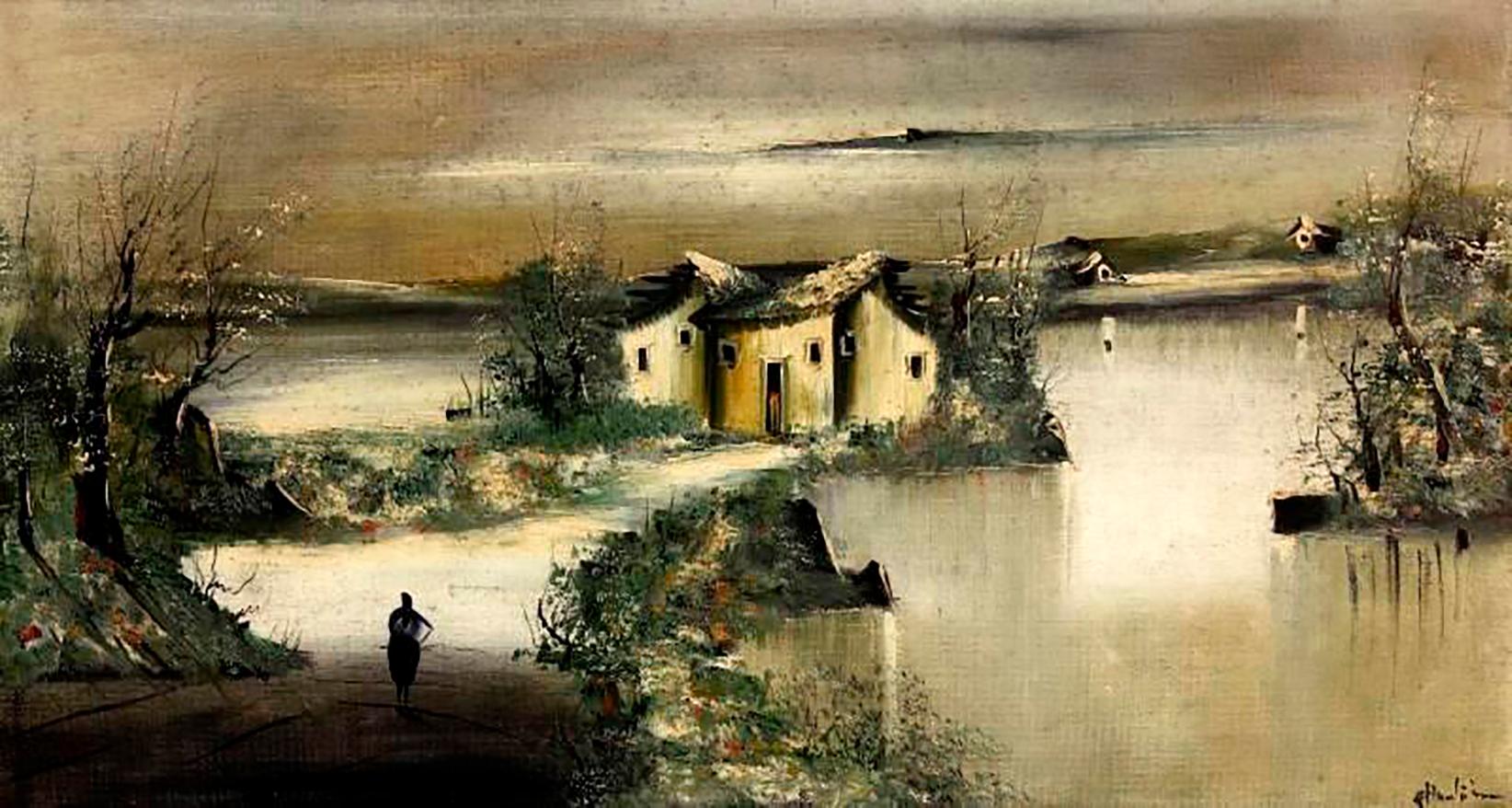 Houses And River-Large - Paysage impressionniste - Huile sur toile signée A.Huntington - Painting de A. Huntington