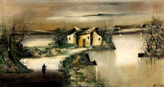 Houses And River-Large Impressionist Landscape Oil on Canvas Signed A.Huntington