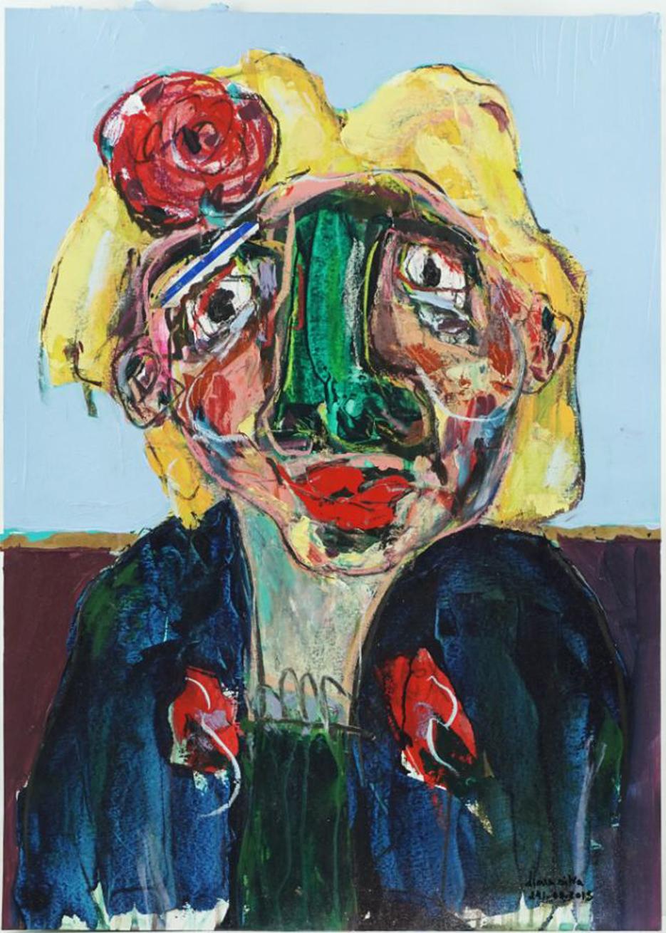 Art contemporain, Composition expressionniste figurative sur papier, technique mixte, 2018