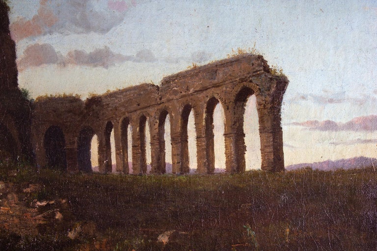 Roman Landscape with Acquedotto and Ruins  Oil on Canvas 1870 - Painting by Achille Vertunni