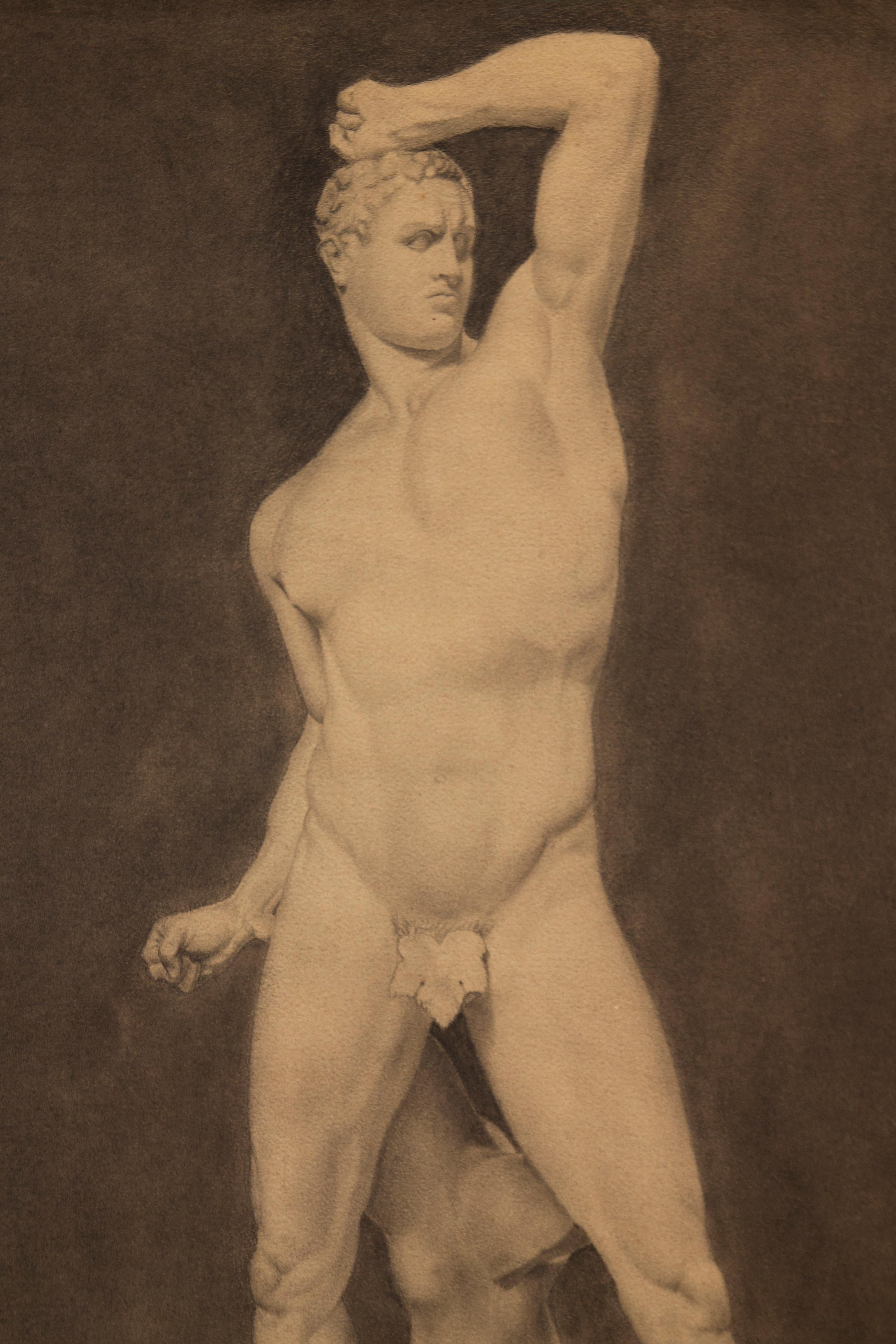 Pair of  classical drawings representing  Apollo de Belvedere  And Creugante .
 Classical mythologic subjects. Timeless decoration for your interior .

 Black pencil on paper . Signed Attilio de Vecchi  1916' 
 We can sell also separately .