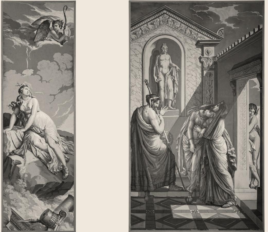 Five papiers peints 'En Grisaille' from the psyche´ series manufactured by Dufour, Paris, after designs by Merry-Joseph Blondel and Louis Lafitte.
-'Psyche´ returning from hades.'
-'Psyche'’s parents consult the oracle of Apollo.'
-'Psyche´ presents