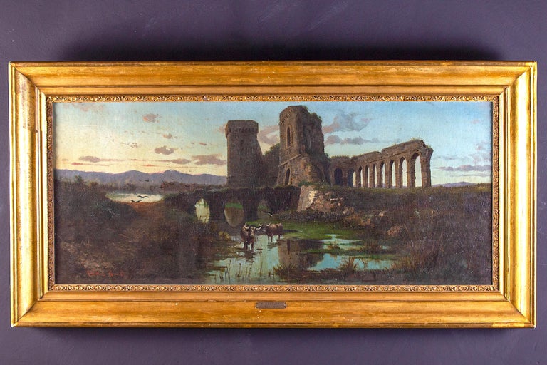 Roman Landscape with Acquedotto and Ruins  Oil on Canvas 1870 For Sale 5