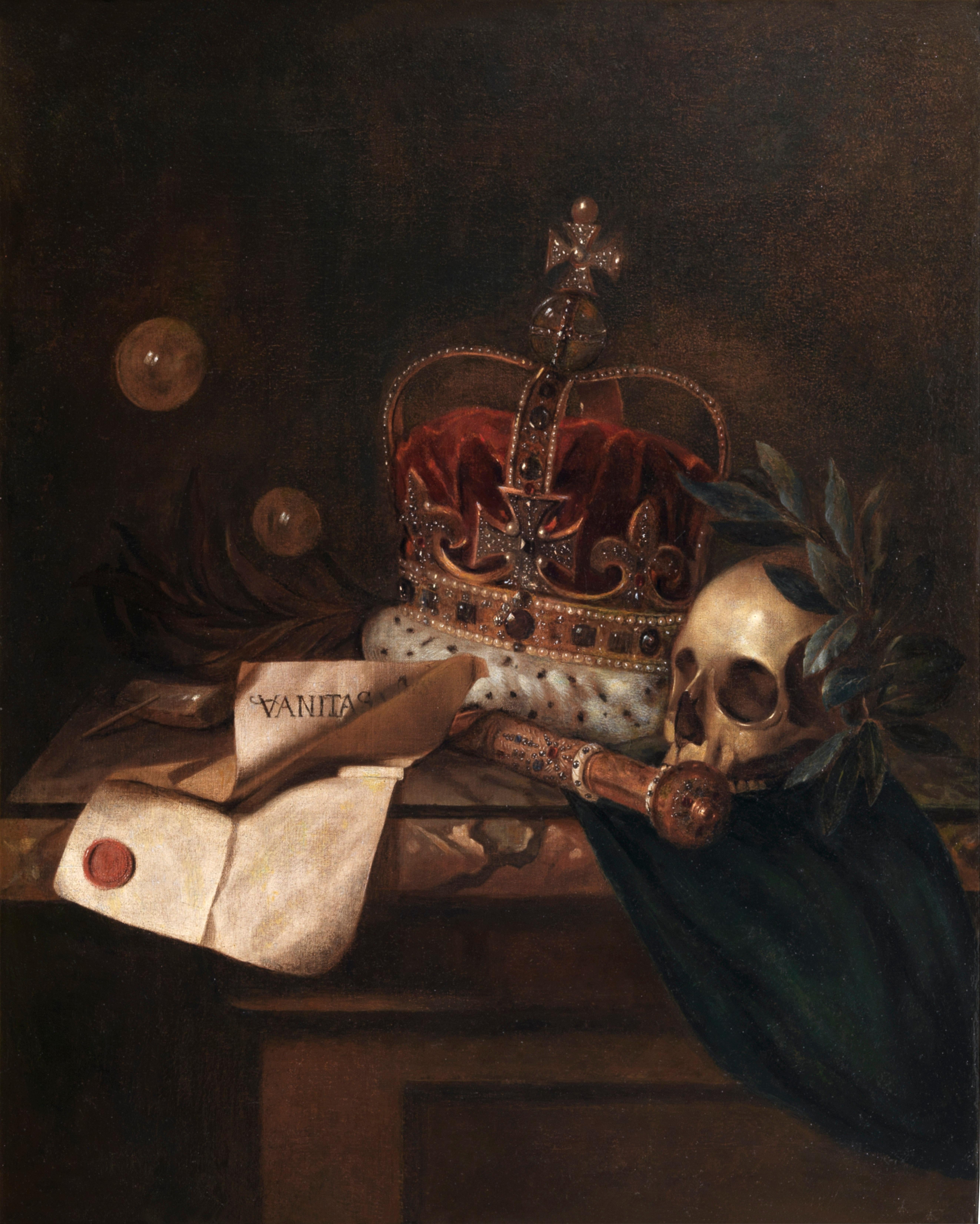 VANITAS  Oil on Canvas by Edward Collier - Black Figurative Painting by Edward Collier 
