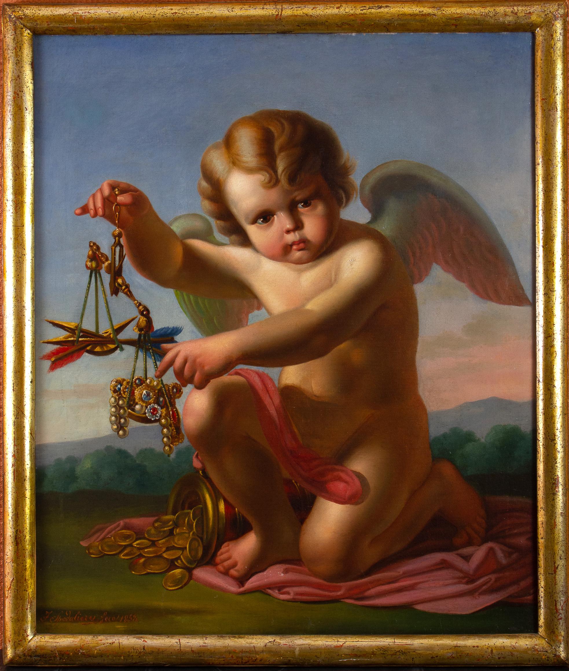 Spedalieri F. Figurative Painting - VANITAS with Cupid  Oil on Canvas 1856