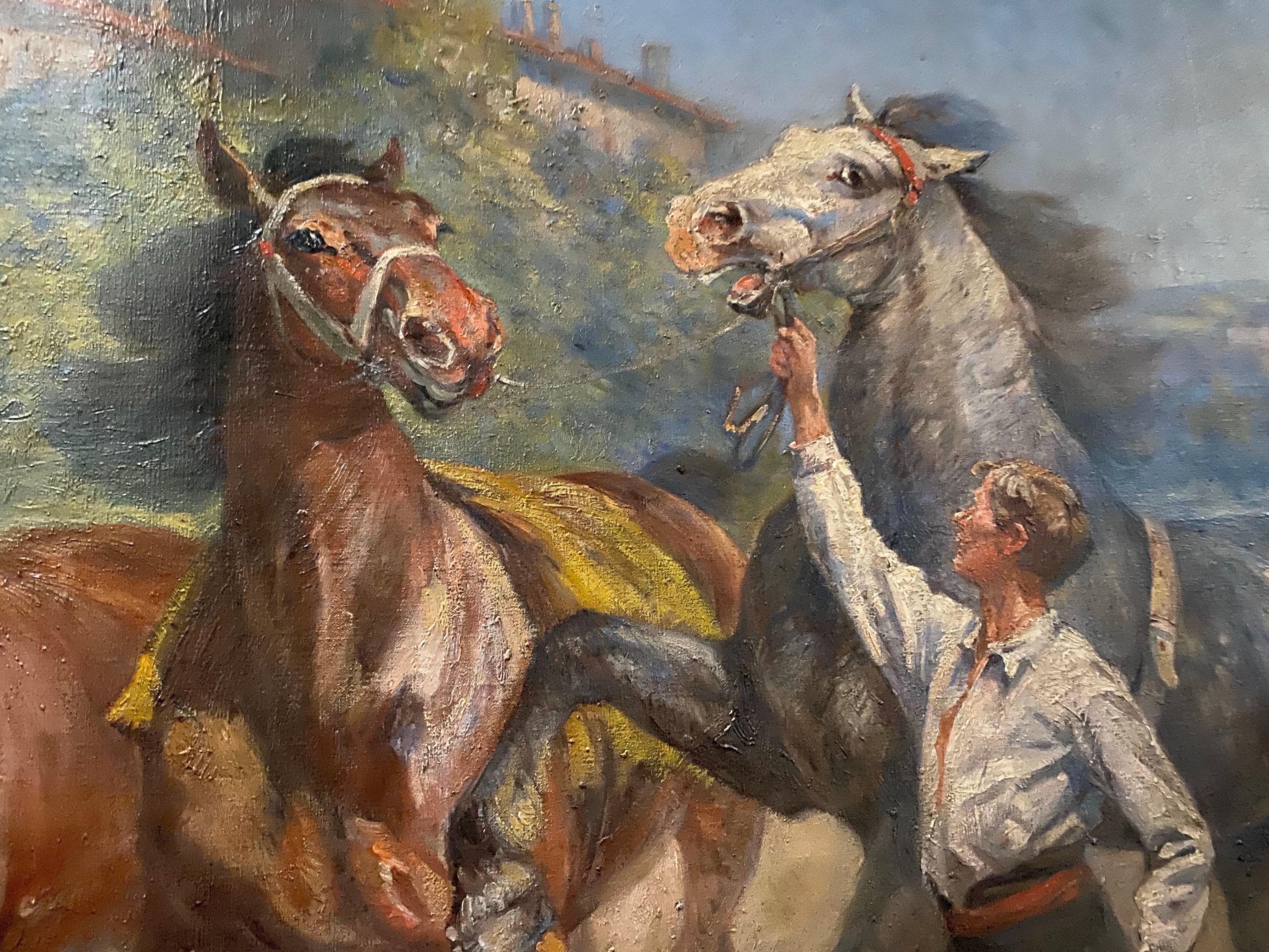 Enormous Painting with Racehorses and Young Jockeys 1920' - Gray Animal Painting by A. Bouillier