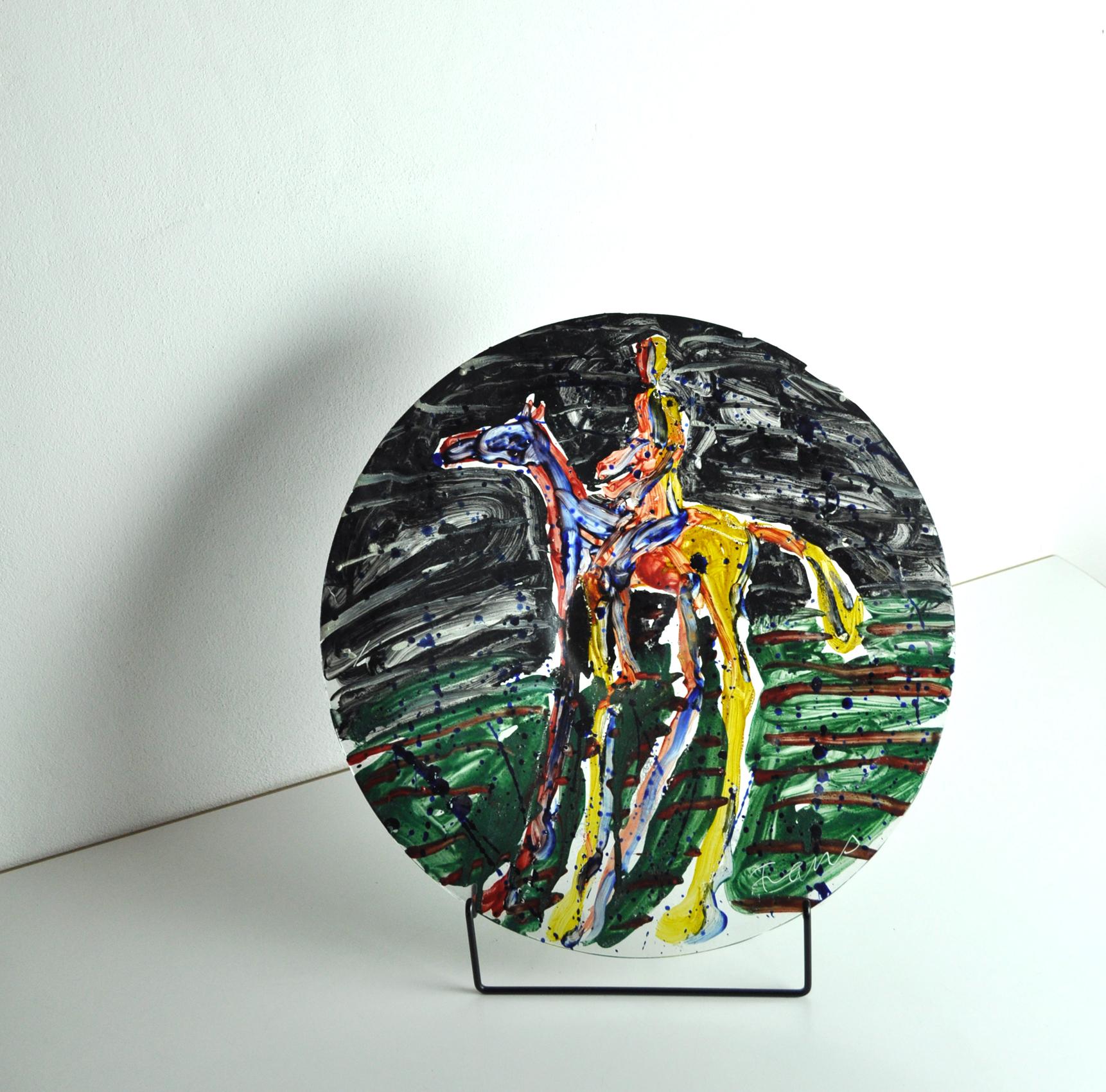 Painted Glass dish by Frans Widerberg. Rider performed with simple, powerful strokes and with strong lighting and color effects in his distinctive style and imagination. 

Diameter 45 cm x height 4 cm
Price including free shipping.

Frans Widerberg