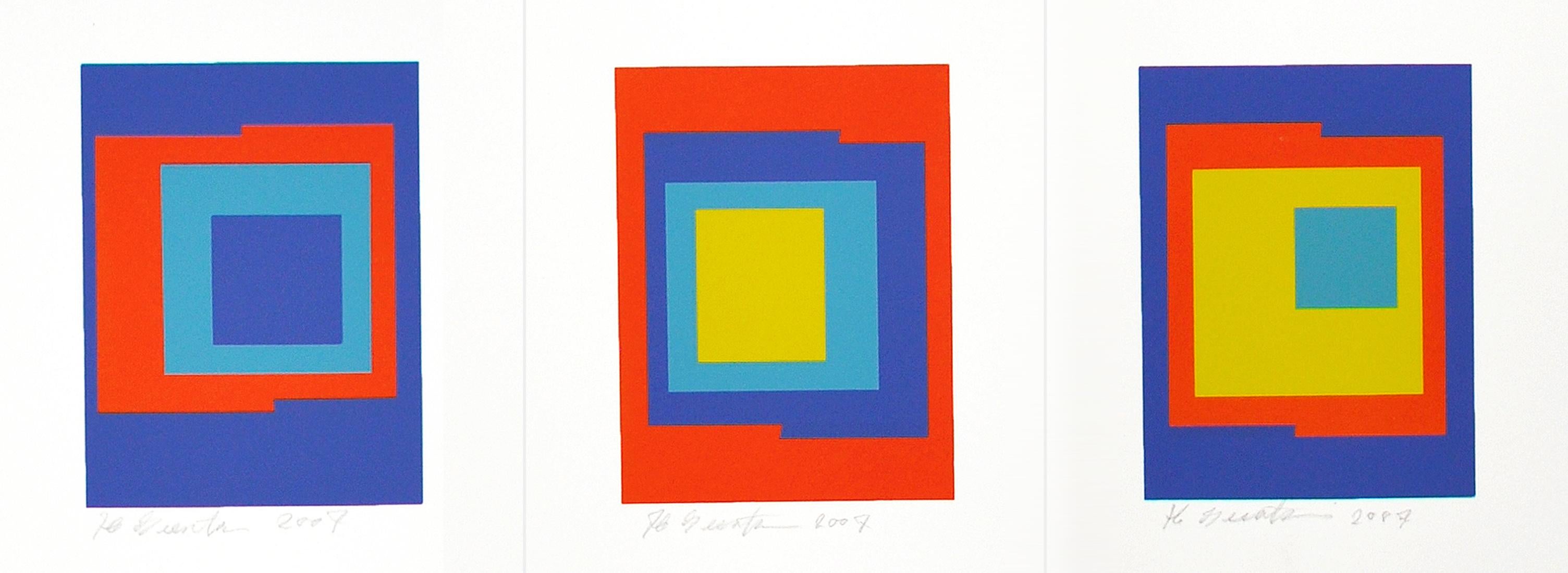 Screen Prints (3) by Ib Geertsen, signed, 2007.
Ib Geertsen (1919-2009) worked with the concrete art, where the line, shape, color and movement are the content.

Occupation: sculptor, painter, graphic artist, color architect

Geertsens works are art
