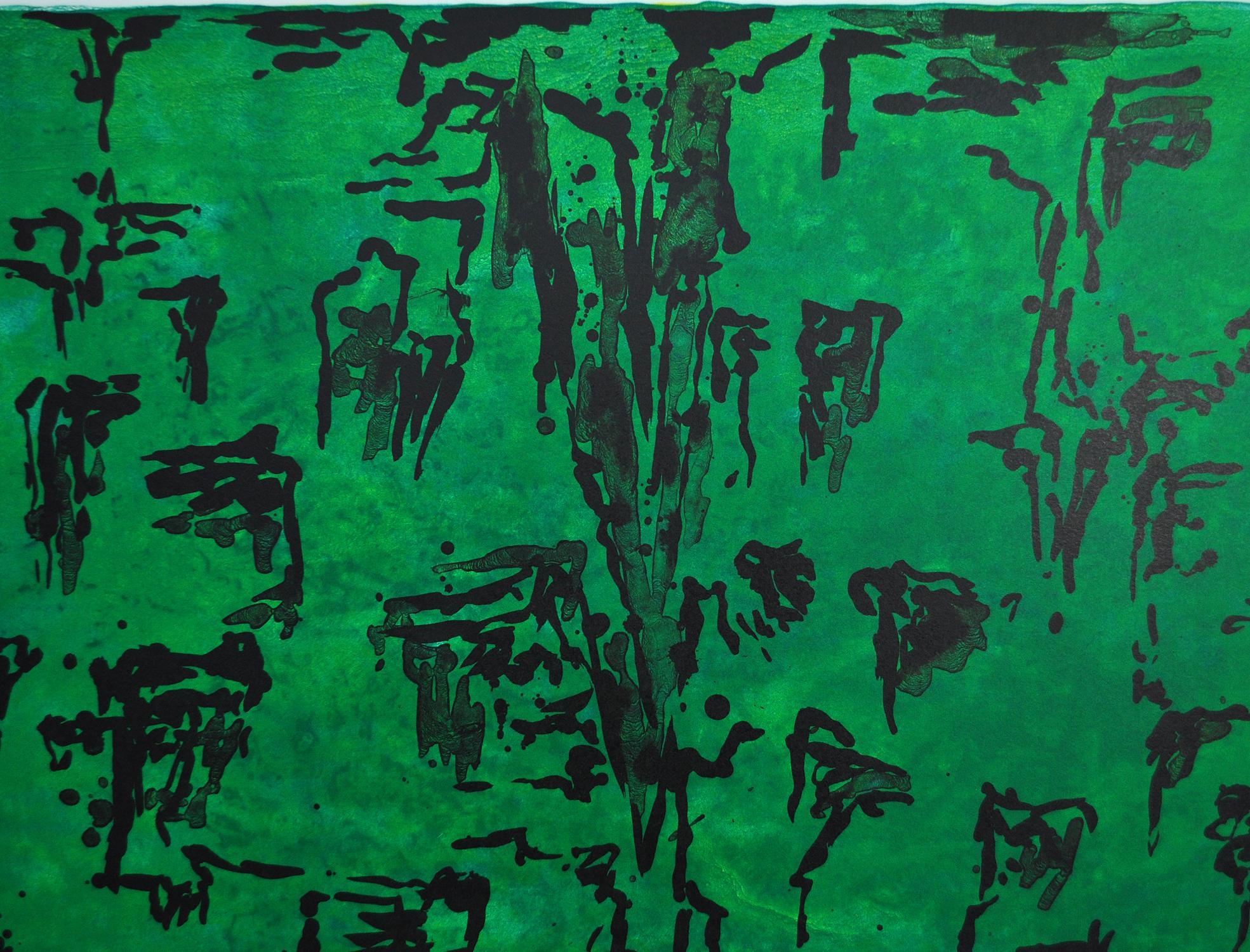 Lithograph by Tróndur Patursson. Green and dark colors with his ongoing theme of nature and ocean.  Signed and numbered H.C 1/15, 2003.

Art size:
Width: 70 cm x height: 50 cm.
Unframed

Tróndur Patursson (born 1 March 1944 in Kirkjubøur) is a