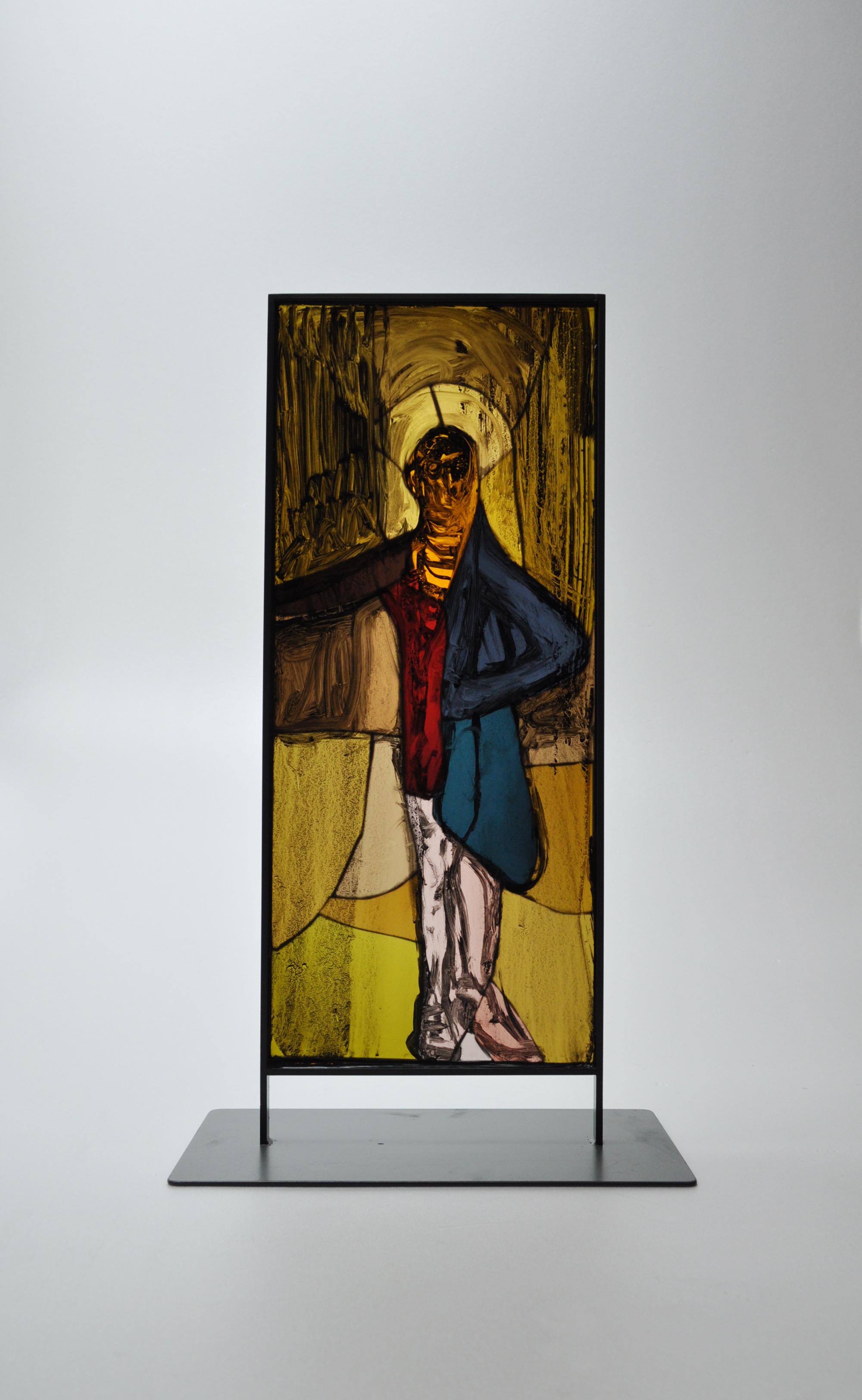 Scandinavian Stained Glass Mosaic Sculpture
by the Danish artist Peter Brandes,  ca. 2010
Art size: 61.5 cm H x 24.5 cm W x 2 D cm
Base size: 35 cm W x 18 cm D

Peter Brandes, 1944-, Danish painter, graphic designer and sculptor. After an