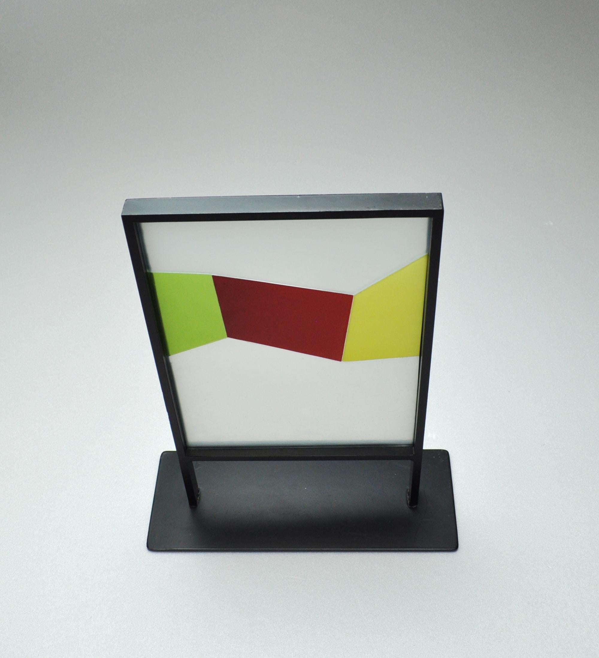 Scandinavian Stained Glass Sculpture
by the Danish artist Peter Stuhr
Art size: 38 cm H x 23 cm W x 2 D cm
Base size: 31 cm W x 12 cm D

Peter Stuhr's paintings consist of an expressive picture universe made up of streams of sieving color and