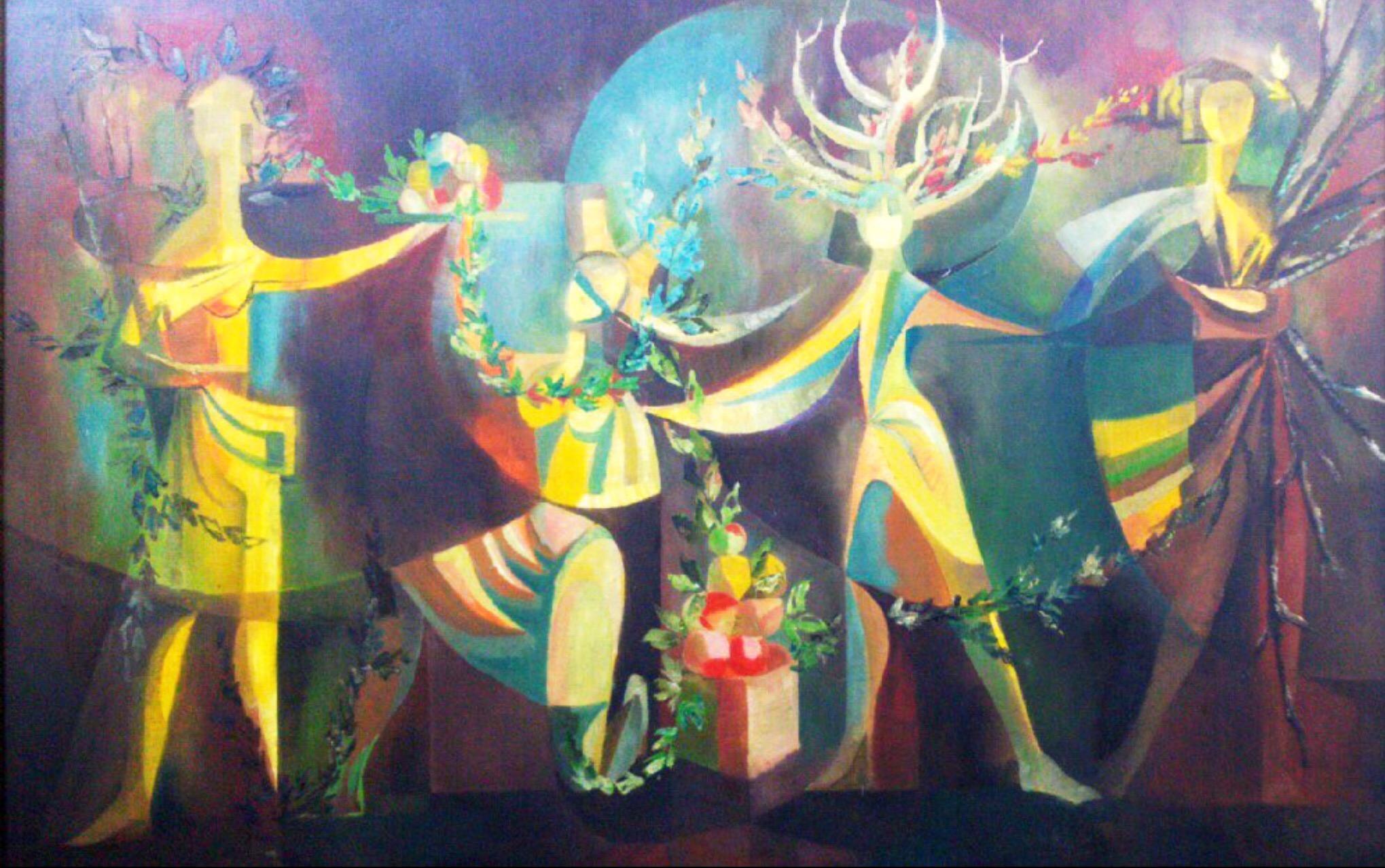 Lucien Coutaud ( Manner of ) Abstract Painting - French Surrealist Oil Painting Titled The Four Seasons