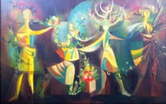 Vintage French Surrealist Oil Painting Titled The Four Seasons