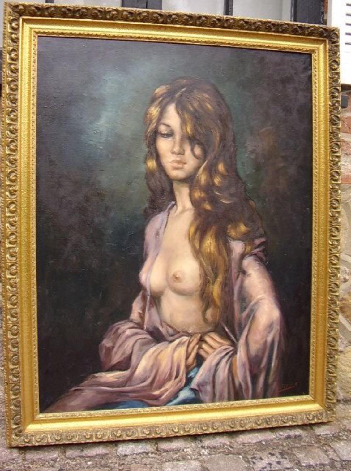 J.Luna Nude Painting - Art Deco Oil Portrait Painting of Semi Nude Beautiful Lady In Moonlit Pose