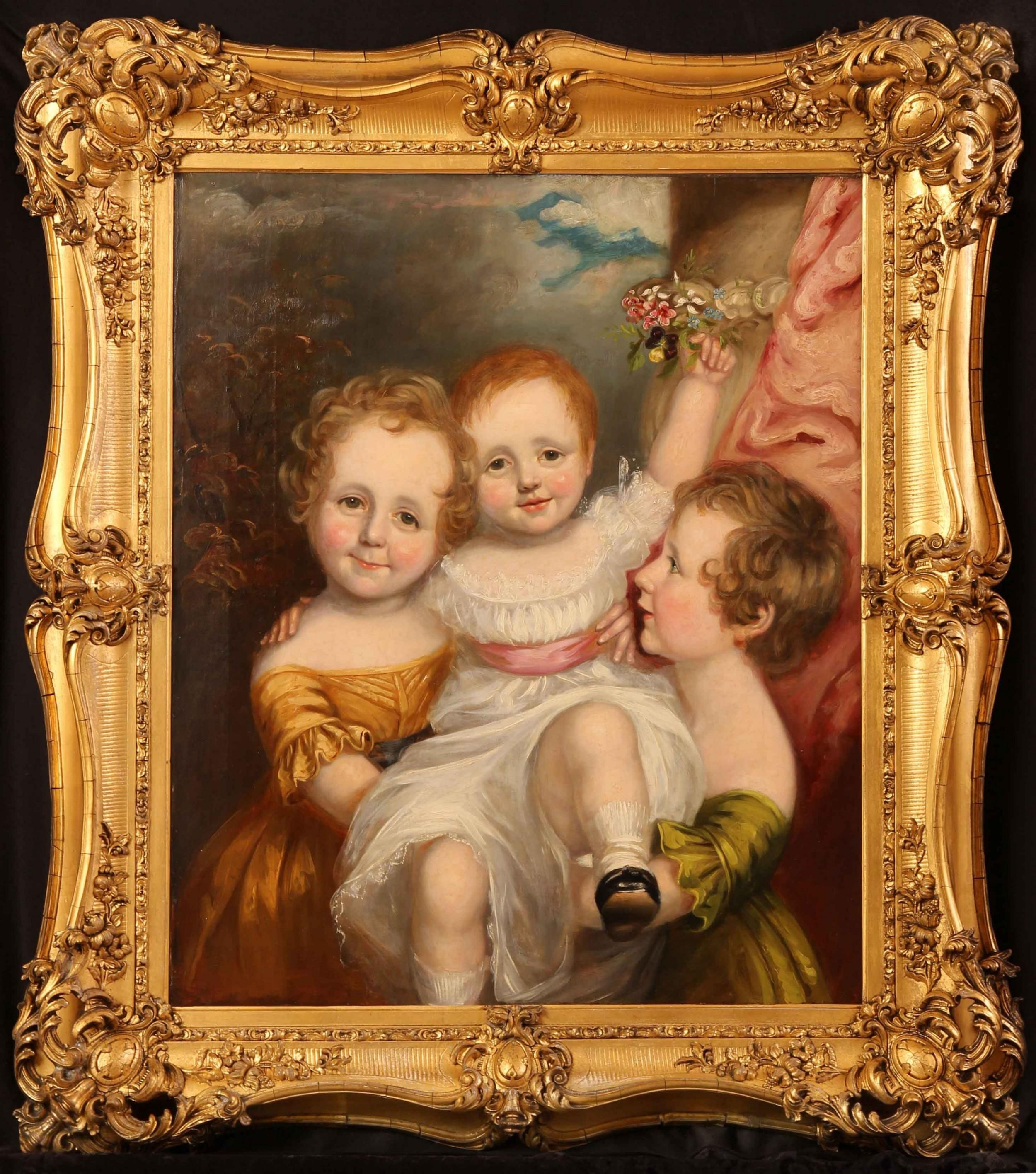 This is a beautiful large scale oil painting on canvas depicting three young angelic looking children,
studio of  artist Sir Thomas Lawrence and attributed to one of his pupils produced under his influence.

Lawrence is well known for producing a