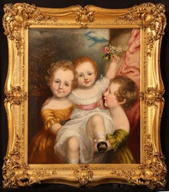 Early 19thc Oil Portrait Painting Of Three Angelic Children