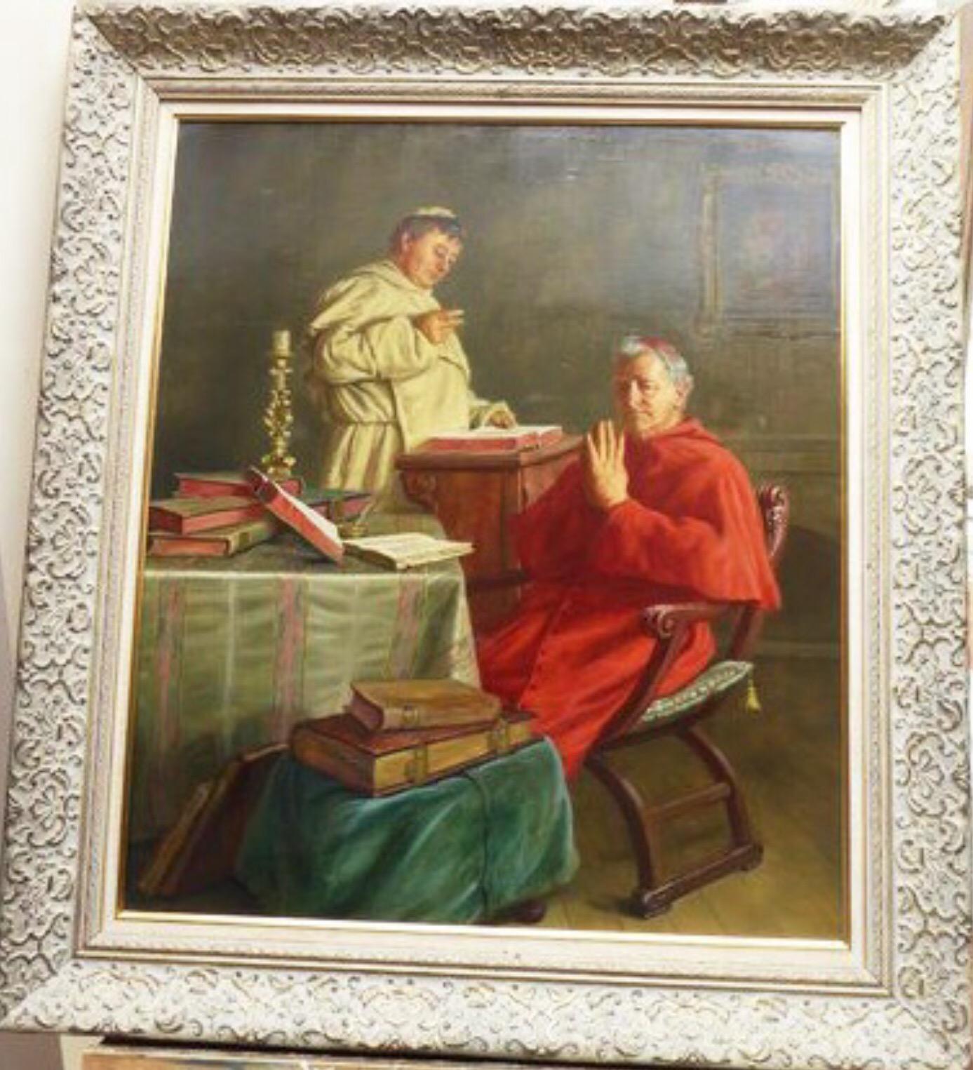 Fine Oil Portrait Painting on Canvas Of A Vatican Cardinal Sitting & Praying Wearing His Distinct Red Robes Within A Room Setting.

Presented In The Large Original Plaster Moulded Decorative Frame.

Inscription Verso On Wooden Stretcher

Bright