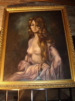 Art Deco Oil Portrait Painting of Semi Nude Beautiful Lady In Moonlit Pose