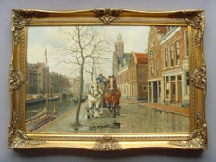 20thc Oil Painting of Amsterdam Dutch Canal Street Scene Cart & Horses Galloping