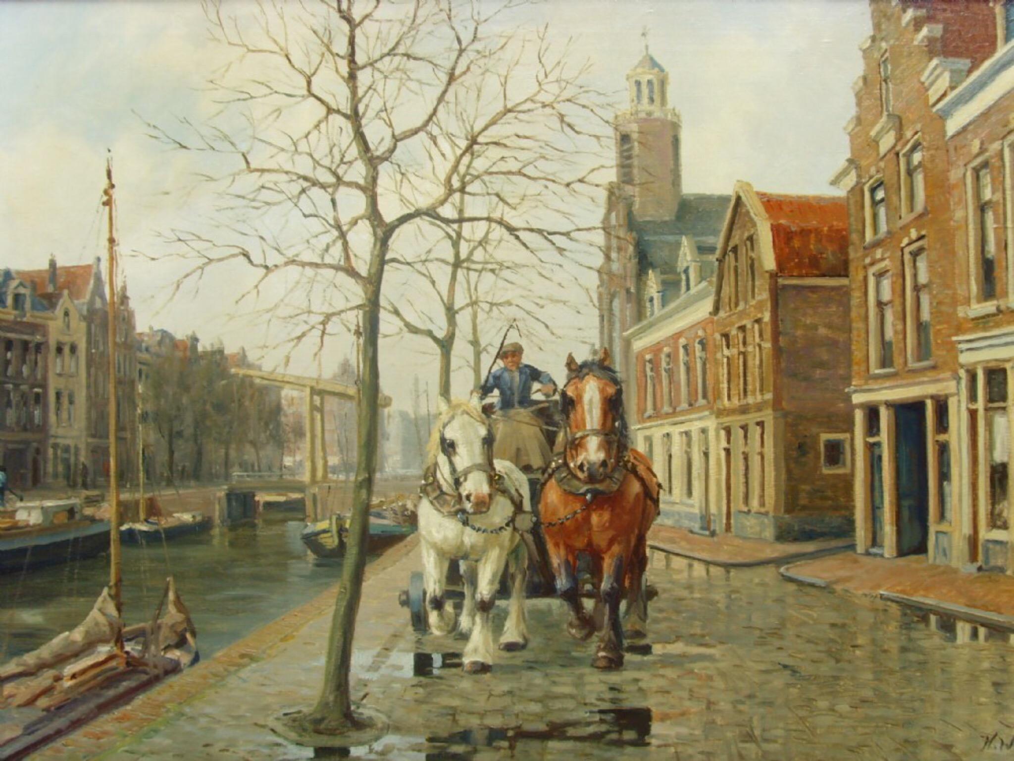 Henk Welters Animal Painting - 20thc Oil Painting of Amsterdam Dutch Canal Street Scene Cart & Horses Galloping