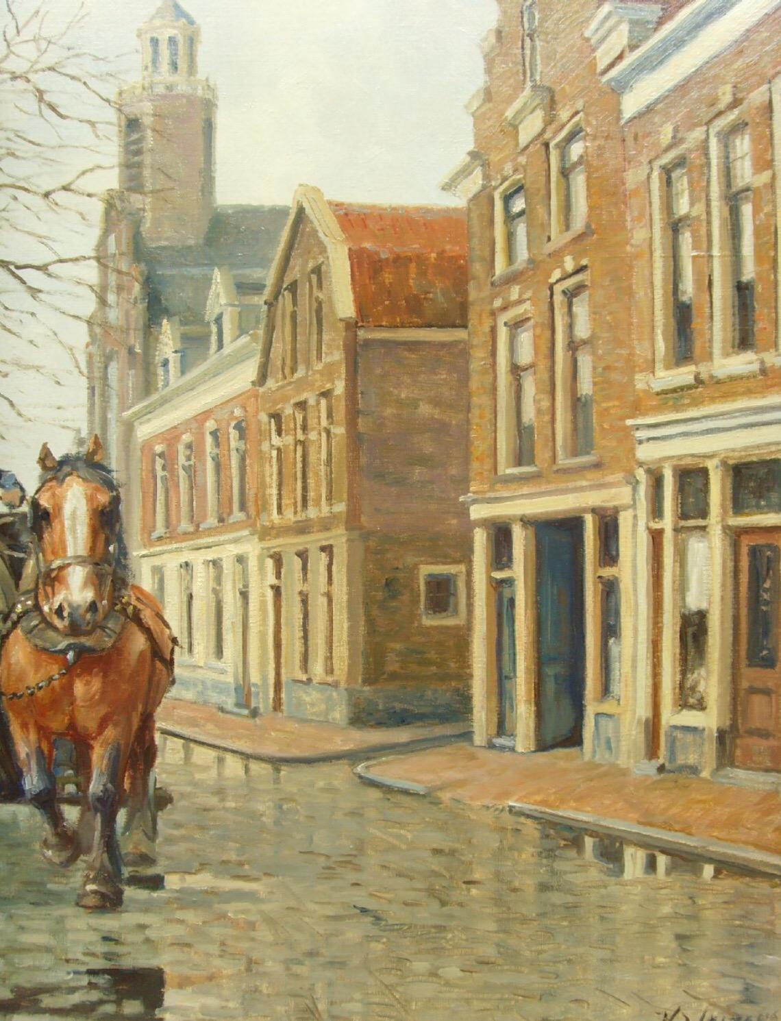 20thc Oil Painting of Amsterdam Dutch Canal Street Scene Cart & Horses Galloping - Brown Animal Painting by Henk Welters