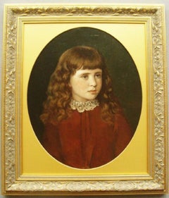 19thc Victorian Oil Portrait Painting Of Beautiful Young Girl Wearing Red Dress