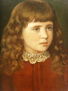 19thc Victorian Oil Portrait Painting Of Beautiful Young Girl Wearing Red Dress