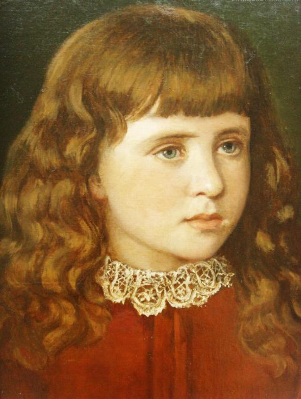 We are pleased to offer for sale this rather beautiful Victorian oil painting of a pretty young girl of around ten years of age, who looks towards the artist with concentration and serious expression.

She has a fringe, long mid brown wavy hair and